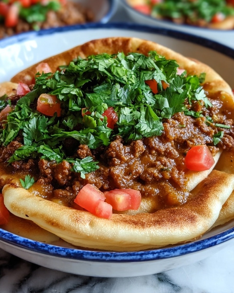 A white bowl with a blue rim shows a folded flatbread base with a light brown, slightly crispy texture. On top, there is a layer of ground meat cooked in a rich, brown sauce with a soft texture. Above the meat, fresh bright green chopped cilantro leaves are scattered. Around the edges of the bowl, small diced red tomatoes add a contrast of color. The whole dish is set on a white marbled surface. photo taken with an iphone --ar 4:5 --v 7