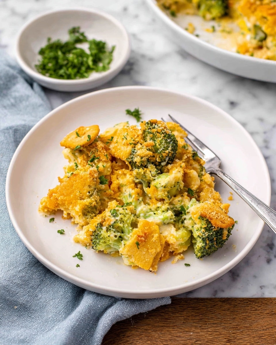 A white plate holds a cheesy broccoli casserole made of bright green broccoli florets mixed with creamy yellow cheese sauce and topped with crunchy, golden cracker crumbs scattered unevenly over the surface. The casserole appears soft and slightly chunky, with some broccoli pieces visible and coated in the sauce. A silver fork rests on the plate, spearing a small portion of the casserole. In the background, a small white bowl filled with chopped green herbs and a white speckled plate with more casserole sit on a white marbled surface. A light blue cloth napkin is folded beside the plate. Photo taken with an iphone --ar 4:5 --v 7
