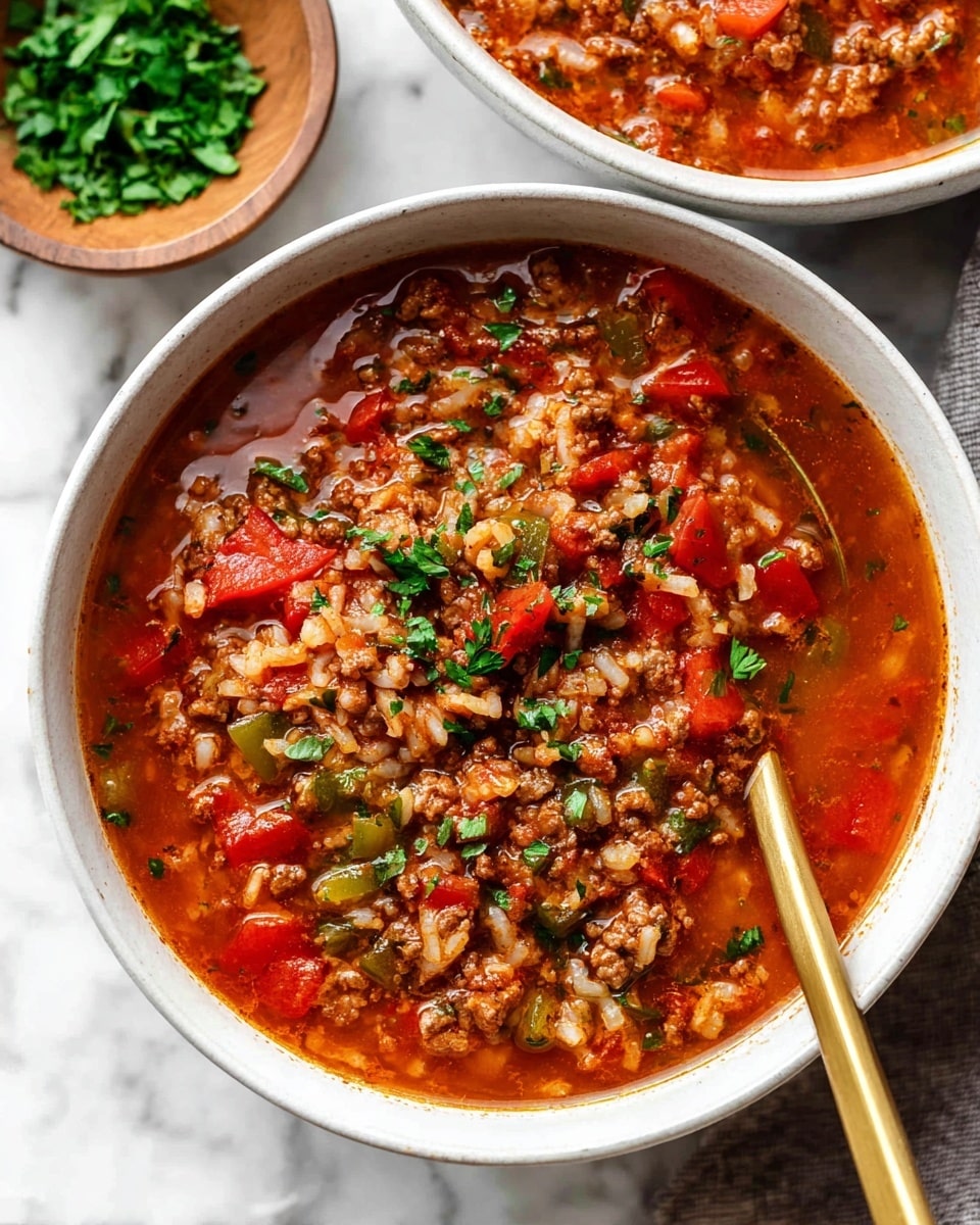 A white cup filled with a thick soup showing visible layers of ground beef, bright red tomato pieces, and green bell pepper chunks in a rich, reddish broth; a golden spoon lifting a spoonful of the soup, displaying the colorful mix of meat and vegetables, with the cup resting on a round wooden board on a white marbled surface. Photo taken with an iphone --ar 4:5 --v 7