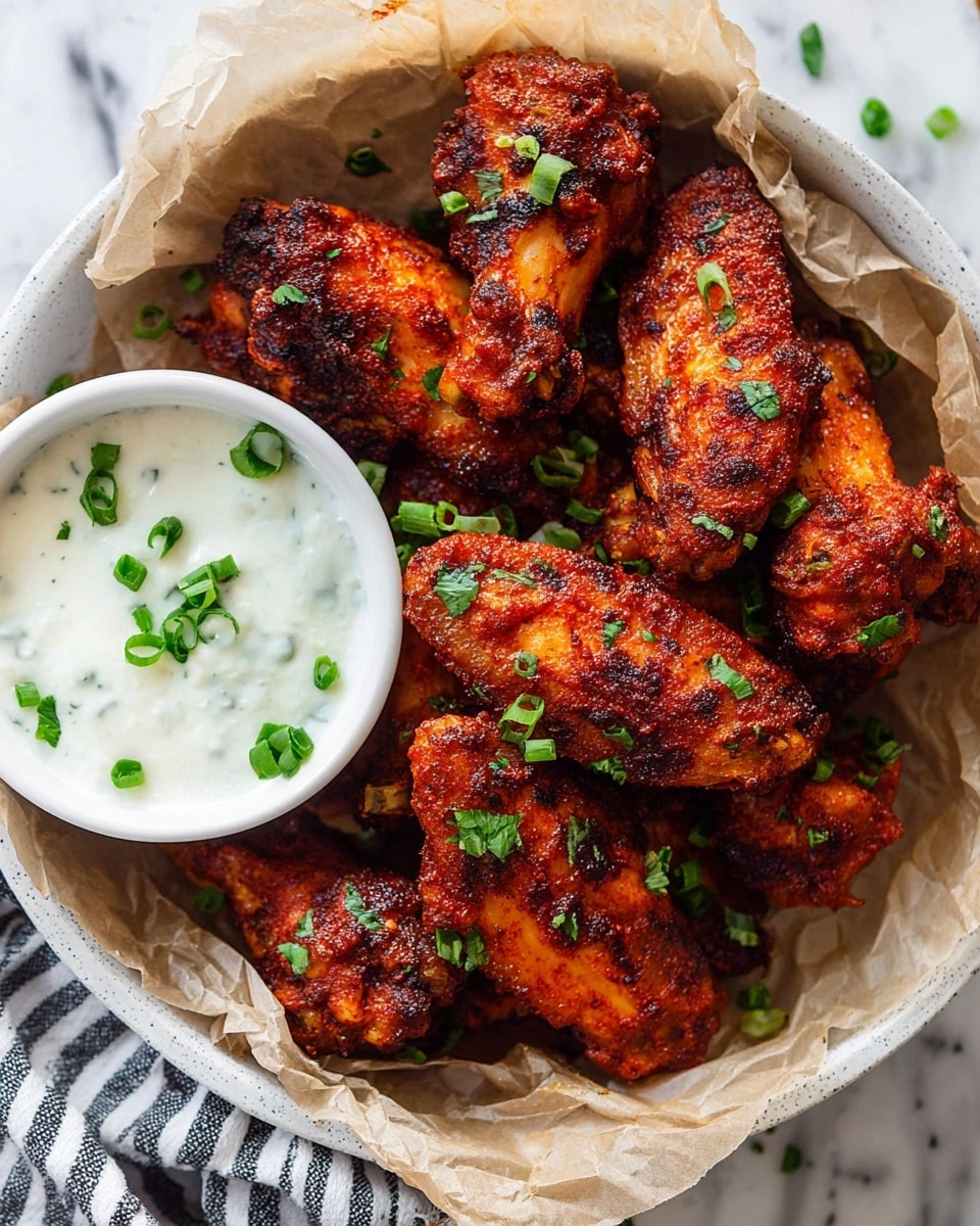 A close-up image shows many crispy, golden-brown chicken wings with a reddish spice coating, scattered with small green onion slices. A woman's hand is dipping one chicken wing into a small, round white bowl filled with creamy white sauce that has green onion pieces on top. The chicken wings sit on a piece of crumpled parchment paper, placed on a surface with a white marbled texture. photo taken with an iphone --ar 4:5 --v 7