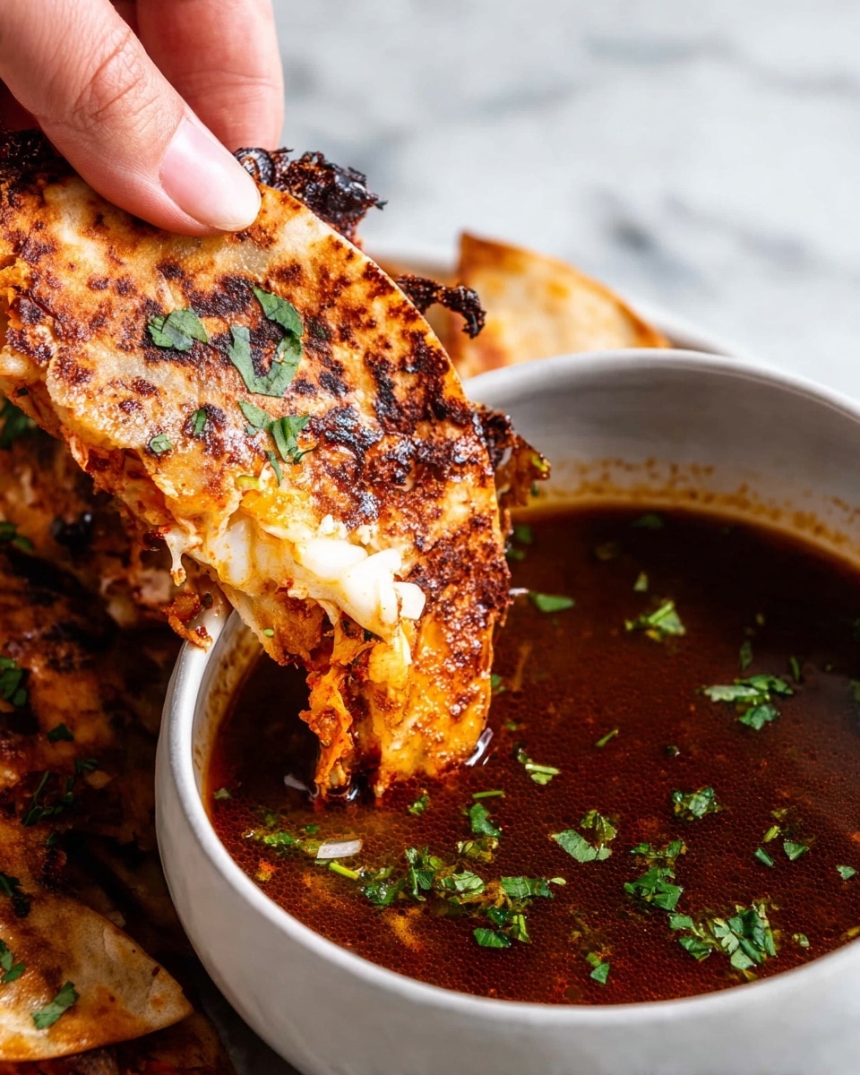 A close-up view of a grilled triangular tortilla chip with a crispy texture and dark charred edges being dipped into a small white bowl filled with a rich reddish-brown sauce garnished with chopped green herbs. The chip shows a golden-brown surface with spots of darker grill marks and some scattered green herb bits. The bowl sits on a white plate with more chips underneath, sprinkled with small pieces of chopped white onion. The background is a white marbled texture and a woman's hand is holding the chip, ready to dip. photo taken with an iphone --ar 4:5 --v 7