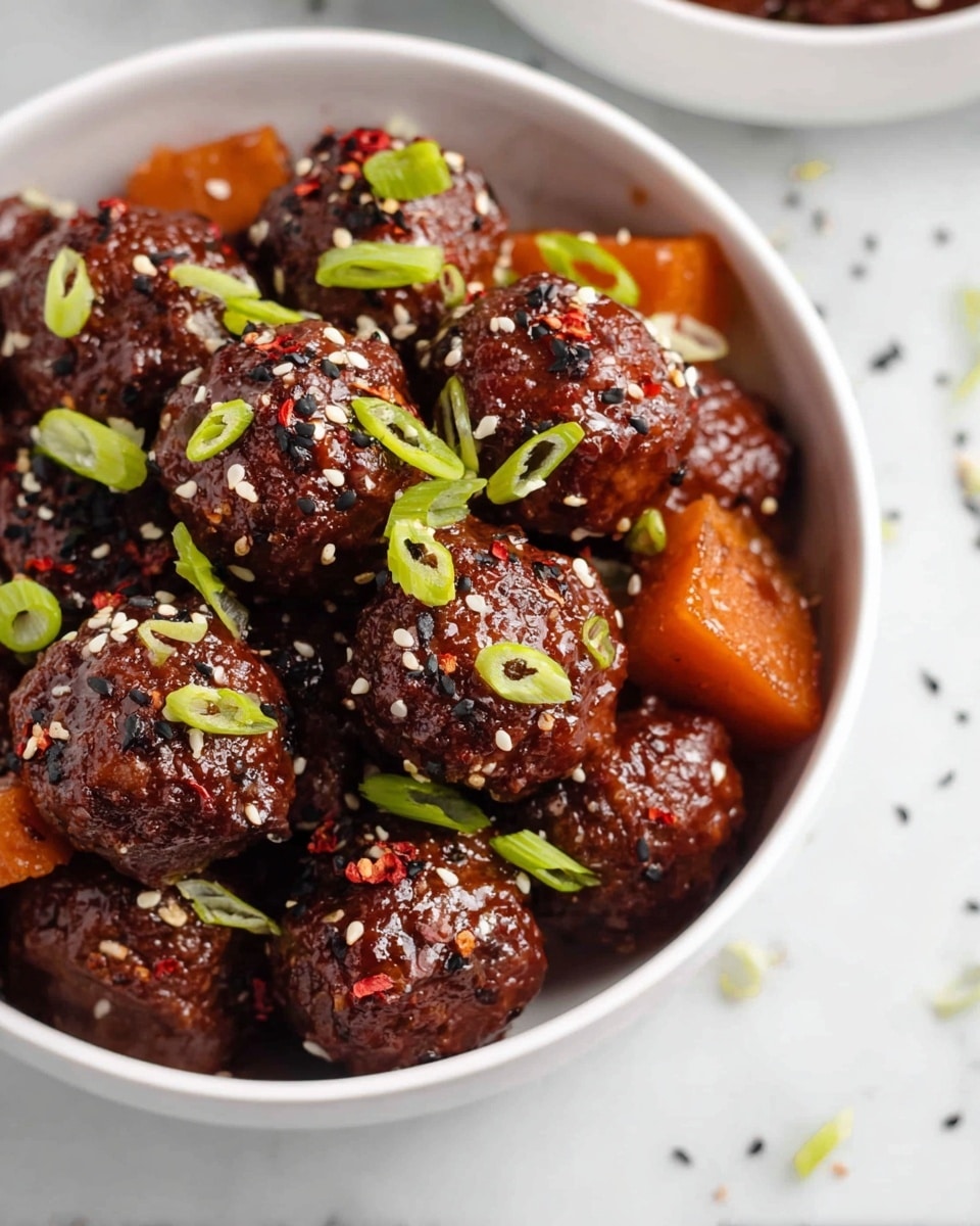 A white bowl is filled with shiny, dark brown meatballs covered in a thick glaze. The meatballs are mixed with chunks of a similar glazed ingredient that looks like cooked vegetables or sauce-coated pieces. The dish is topped with white and black sesame seeds along with small, bright green rings of sliced scallions scattered across the top. The bowl sits on a white marbled surface with parts of two other bowls visible, one filled with black and white sesame seeds. Photo taken with an iphone --ar 4:5 --v 7