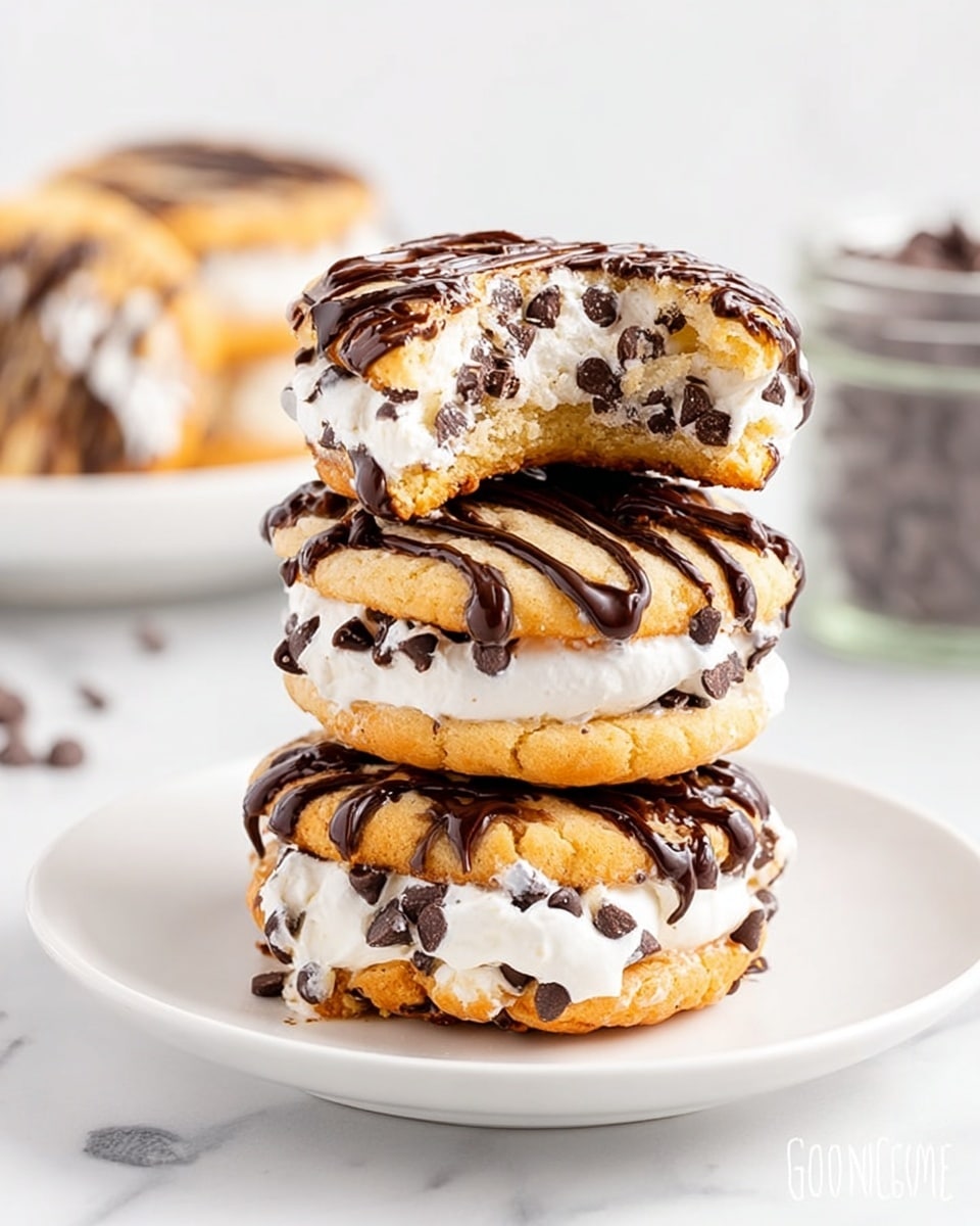 A stack of three sandwich cookies on a white plate, each cookie with a golden-brown outer layer that is smooth and slightly cracked, covered partly with many dark chocolate chips. Between each cookie, there is a thick layer of white creamy filling that looks soft and slightly melted. The top cookie has a bite taken out of it, showing the soft inside texture and creamy filling. Dark chocolate drizzle runs across the top and sides of each cookie, adding a rich look. The background is a white marbled texture with a glass jar of chocolate chips blurred in the back. photo taken with an iphone --ar 4:5 --v 7