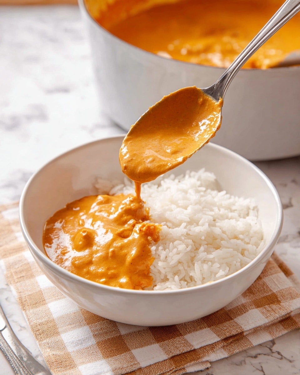 A white bowl contains two layers: on the right, a fluffy layer of white rice with soft texture and loose grains, and on the left, a thick layer of creamy orange curry sauce being poured from a spoon held by a silver utensil. The sauce looks smooth with small chunks and a slightly glossy surface, blending gently onto the rice. The bowl sits on a checkered cloth with beige and white squares, placed on a white marbled textured surface, with a large pot of matching orange curry blurred in the background. photo taken with an iphone --ar 4:5 --v 7