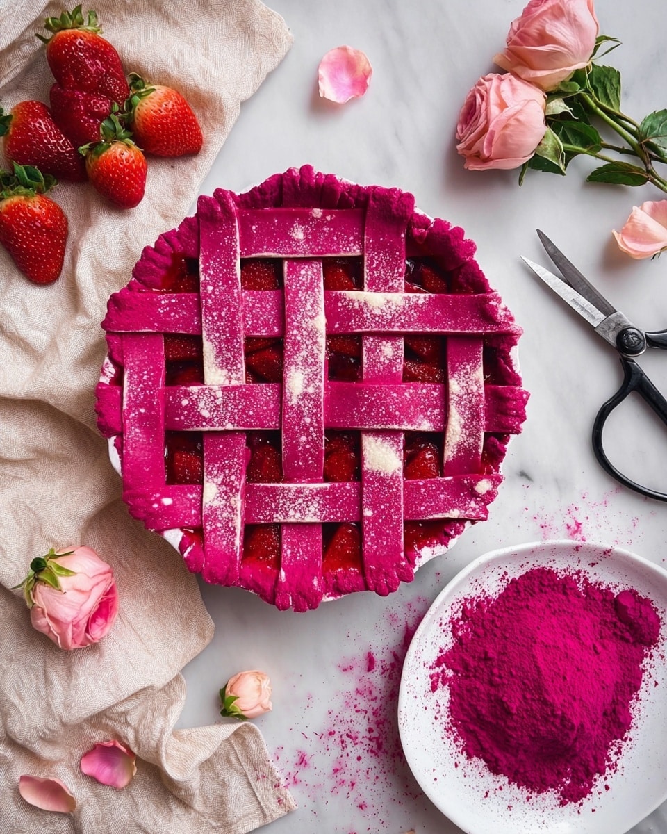 The image shows a pie with a bright magenta lattice crust, made from thick strips woven over each other, with some uneven white patches on the crust. The crust edges are pressed with a fork pattern all around. The filling beneath the lattice is red, visible in small gaps. The pie is placed on a white marbled surface along with a white plate holding a pile of magenta powder on the right. On the left, there is a light beige cloth with fresh red strawberries and small pink rose buds scattered around. A pair of black scissors lies on the top right corner of the image. Photo taken with an iphone --ar 4:5 --v 7