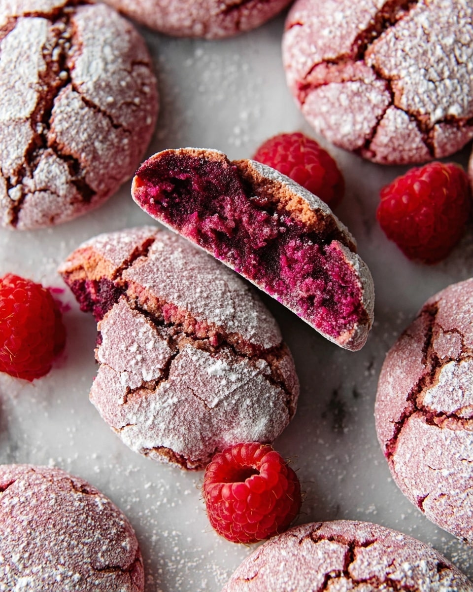 The image shows several cracked raspberry cookies resting on a white marbled surface, each cookie dusted with a light layer of white powdered sugar that highlights the deep pink and purple tones of the cookie dough beneath, which has a rough, cracked texture. One cookie is split open in the center, revealing a soft, moist interior with a rich pink color and some darker spots that hint at raspberry pieces inside. Bright red raspberries are scattered around the cookies, adding vibrant color and natural texture contrast. photo taken with an iphone --ar 4:5 --v 7