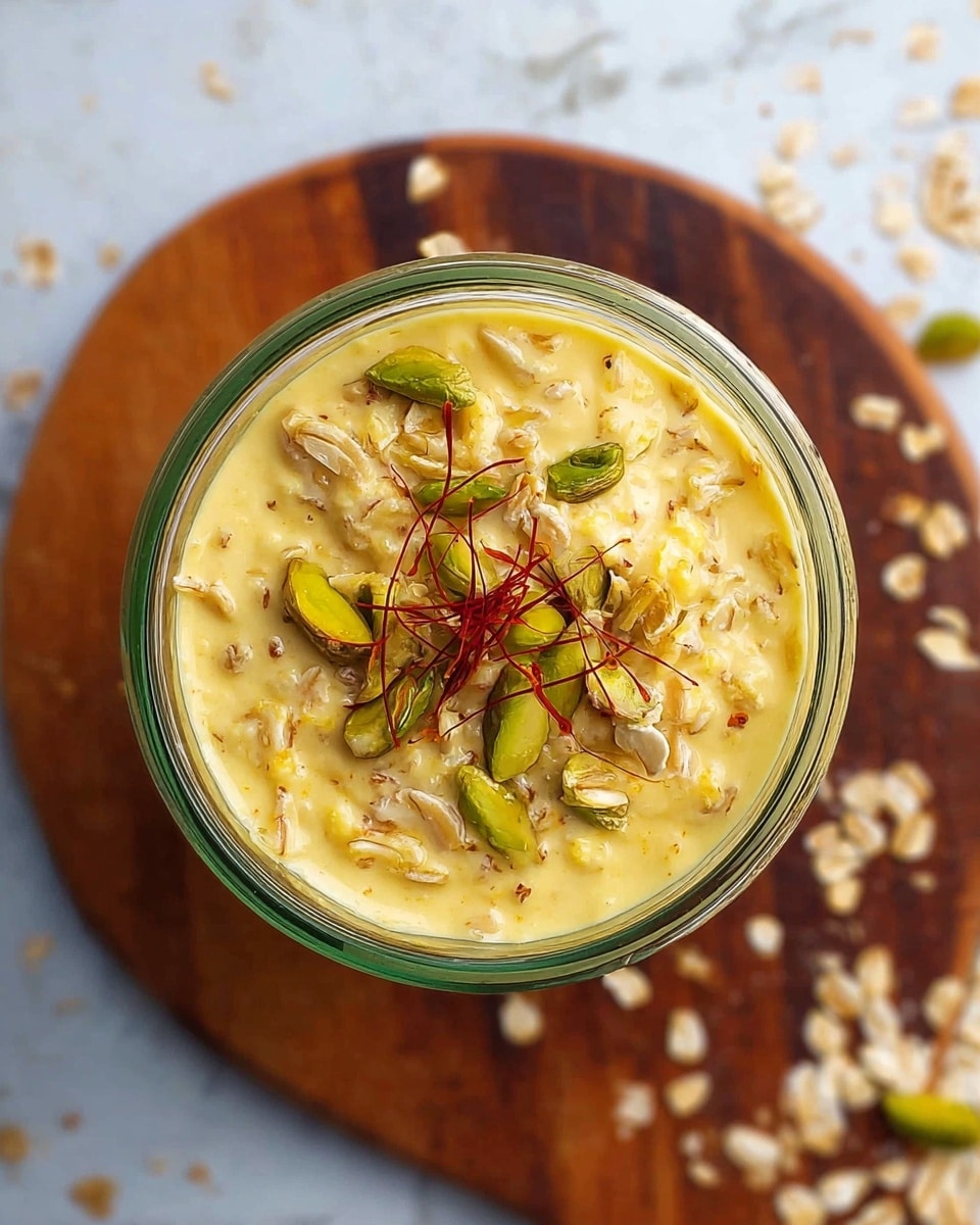 A close-up top view of a glass jar filled with creamy yellow pudding mixed with soft oats and whole grains, topped with thin green slivers of pistachios and a few fine strands of reddish saffron threads, all placed on a circular dark wooden board, which rests on a white marbled surface scattered with some oats around the board edges, photo taken with an iphone --ar 4:5 --v 7
