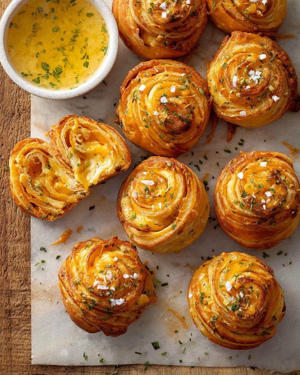 The image shows nine golden brown swirled pastries arranged on a white marbled textured surface, each with multiple thin layers spiraled tightly in a round shape. The tops of the pastries have some white flaky salt and small green herb pieces scattered on them. Two pastries are cut open in the center, revealing soft, layered dough with melted orange cheese inside. To the upper left, there is a small white bowl filled with melted butter with some herb bits floating on top. The overall look is warm and inviting with a rustic wooden edge visible at the bottom. photo taken with an iphone --ar 4:5 --v 7