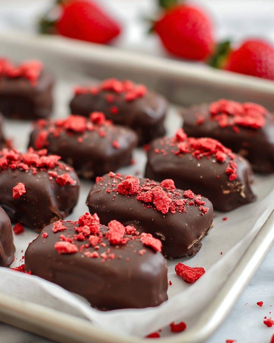 The image shows a close-up view of several rectangular and round treats arranged in rows on a white tray lined with parchment paper. Each treat is coated in a smooth, dark brown chocolate layer, and topped with small pieces of bright red crumbled toppings scattered unevenly across the surface. In the blurred background, red strawberries with green tops are slightly visible, adding a hint of color contrast. The overall look is neat but slightly rustic, with the chocolate coating appearing rich and glossy. The setting has a clean white marbled texture. photo taken with an iphone --ar 4:5 --v 7