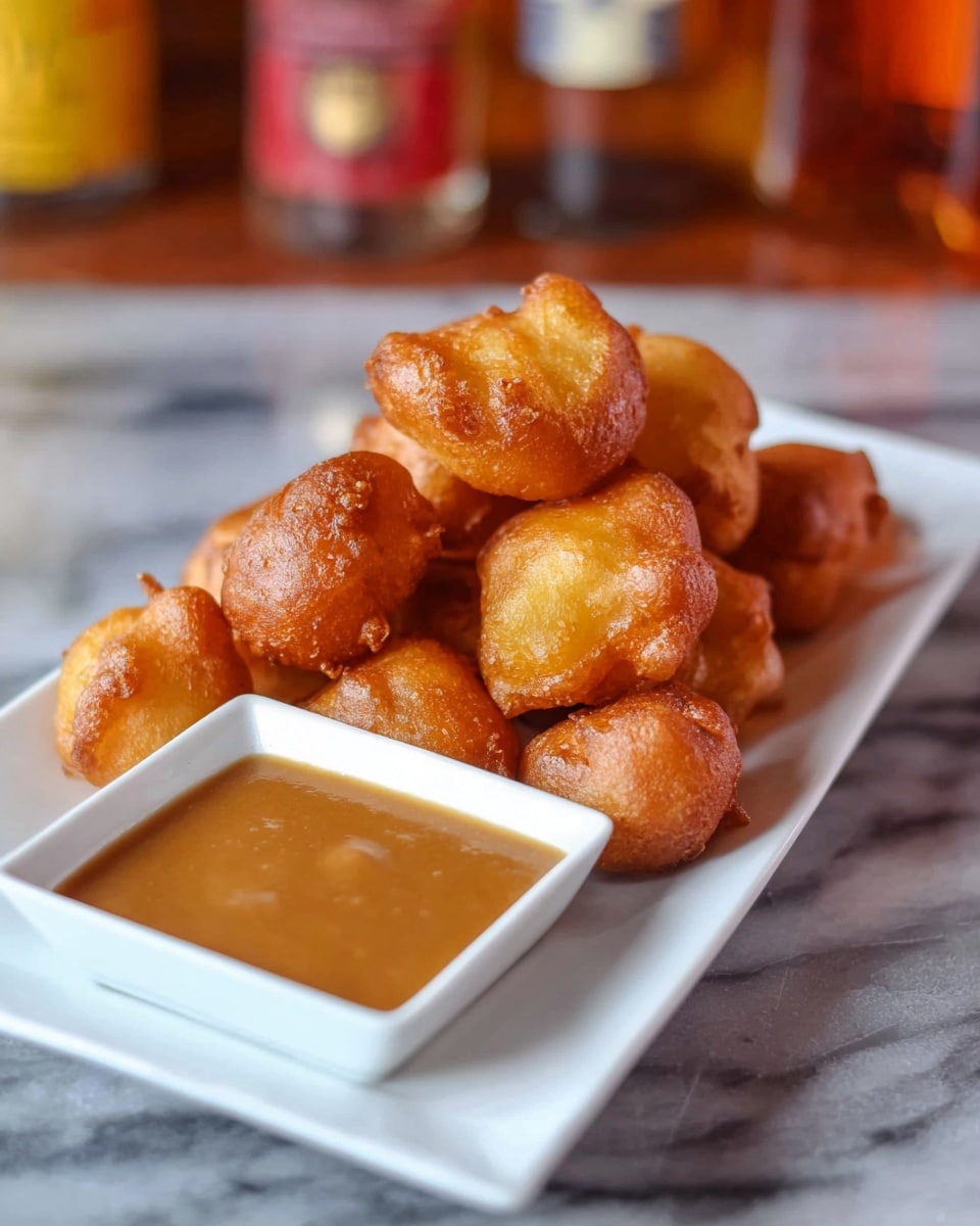 A white rectangular plate holds about a dozen golden brown fried dough balls with a crisp texture and uneven shapes, stacked in a small pile. To the side of the plate is a small white square dish filled with smooth brown dipping sauce. The plate rests on a white marbled surface, and the background is softly blurred with warm tones, hinting at bottles out of focus. photo taken with an iphone --ar 4:5 --v 7