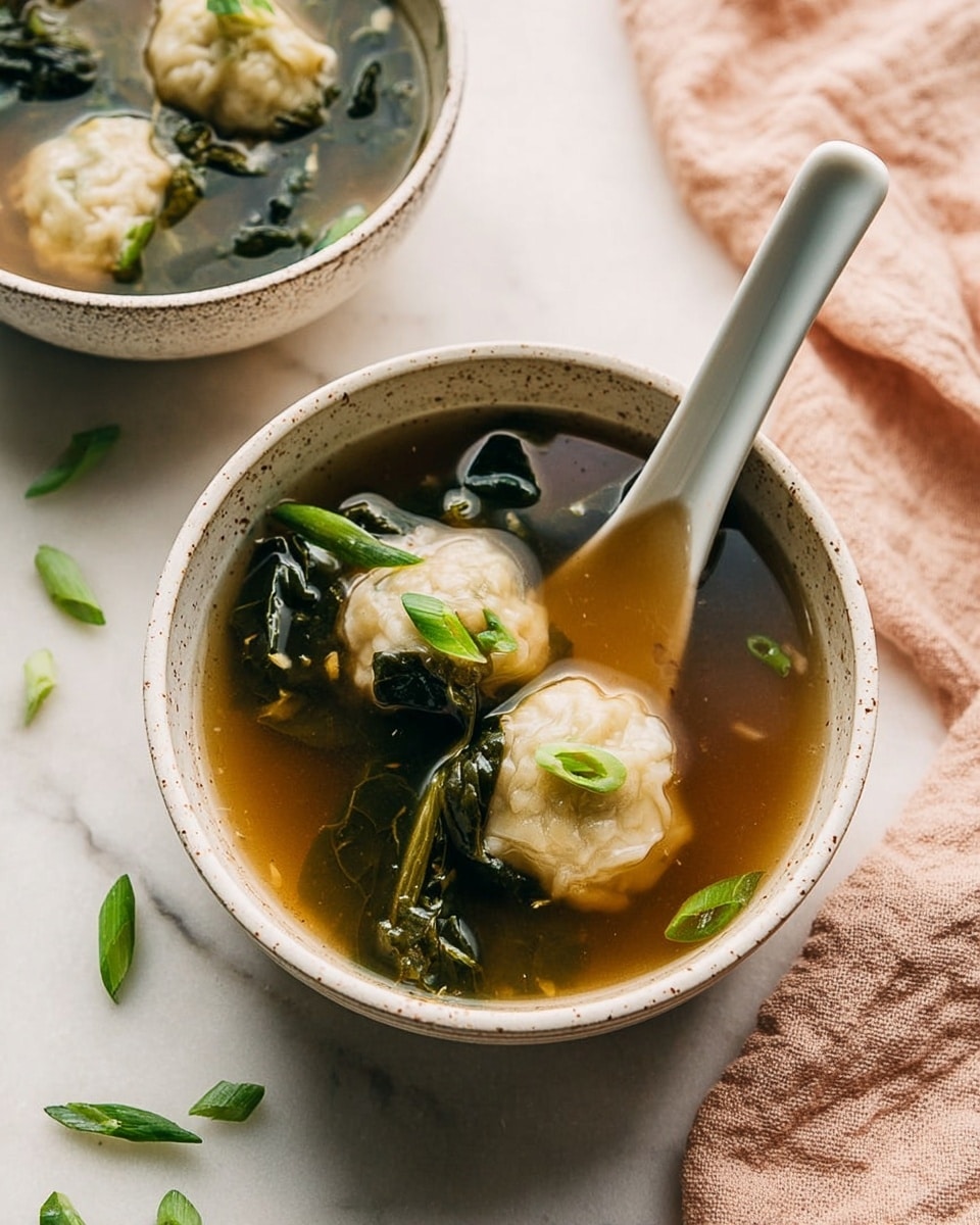 The image shows two white speckled bowls on a white marbled surface, each filled with clear brown broth and three light beige dumplings with slightly crinkled edges floating inside. Large dark green leafy vegetables and small bright green chopped scallions are also visible in the broth. One bowl is in front with a white ceramic spoon resting on the right side, partially submerged in the soup. Some scattered green scallion pieces lie on the marbled surface near the bowls, and a soft pale pink cloth is partially visible in the top right corner. photo taken with an iphone --ar 4:5 --v 7