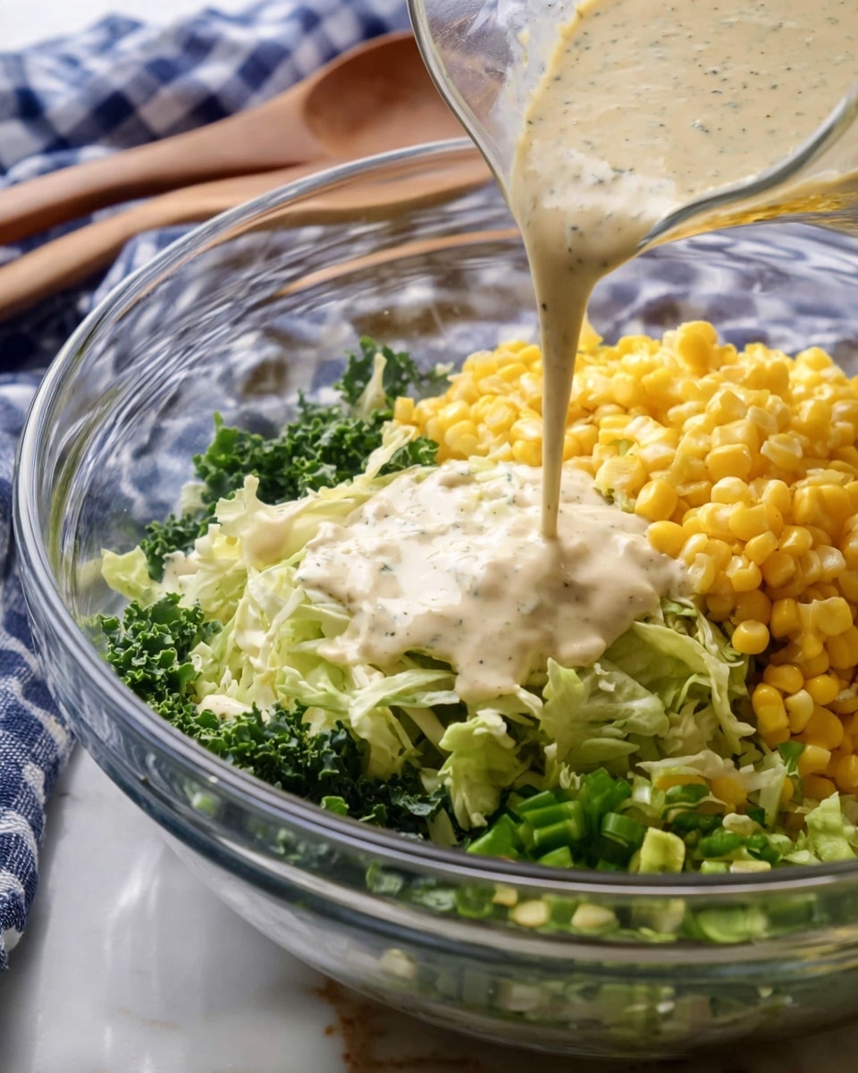 A clear glass bowl sits on a white marbled texture, filled with colorful layered ingredients: finely chopped dark green herbs at the bottom, bright yellow corn kernels on one side, light green leafy cabbage towards the center, and small green pepper pieces nearby. A creamy, light beige sauce with specks is being poured from a glass pitcher over the layers, lightly covering the vegetables with a smooth texture. In the background, a wooden spoon rests on a blue-and-white checkered cloth. photo taken with an iphone --ar 4:5 --v 7