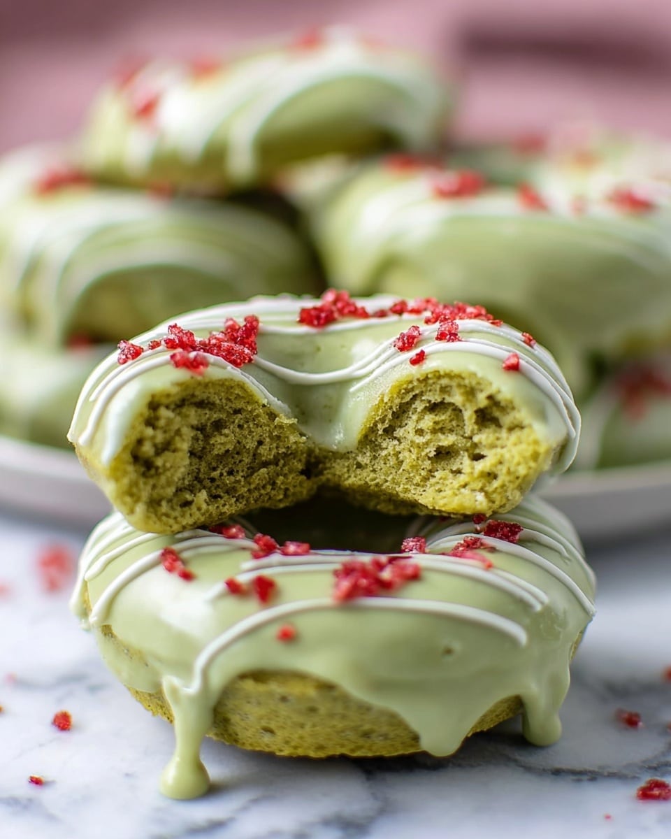 The image shows a close-up of green donuts stacked on a white marbled surface, with the front donut cut in half to reveal a soft, moist inside with a slightly crumbly texture. Each donut is covered with a smooth, light green glaze and decorated with thin white drizzle and small red sprinkles on top. The donuts have a round shape with a hole in the middle, and the glaze drips slightly over the edges, emphasizing the texture. In the background, more glazed green donuts are visible, blurred softly to keep the focus on the front. Photo taken with an iphone --ar 4:5 --v 7