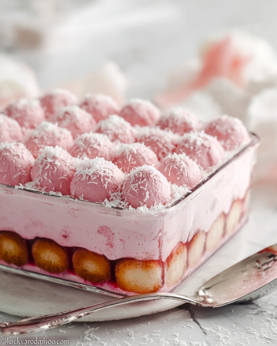 A glass dish filled with a layered pink dessert, showing three clear layers: at the bottom, a layer of round sponge cakes with a golden brown color; in the middle, a thick smooth pink cream; and on top, rounded dollops of fluffy pink cream arranged in a grid pattern, sprinkled with fine white coconut flakes. The dish sits on a white marbled surface with a metal serving spatula placed nearby and soft background blur with hints of white and pink. photo taken with an iphone --ar 4:5 --v 7