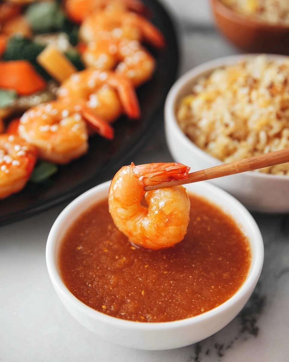 A close-up view shows a single orange shrimp held by wooden chopsticks over a small white bowl filled with a thick, smooth reddish-brown dipping sauce. In the blurred background is a black plate with a row of bright orange shrimp sprinkled with sesame seeds placed next to mixed vegetables including green leaves and orange carrot slices, and a white bowl filled with fried rice. All items are set against a white marbled surface. photo taken with an iphone --ar 4:5 --v 7