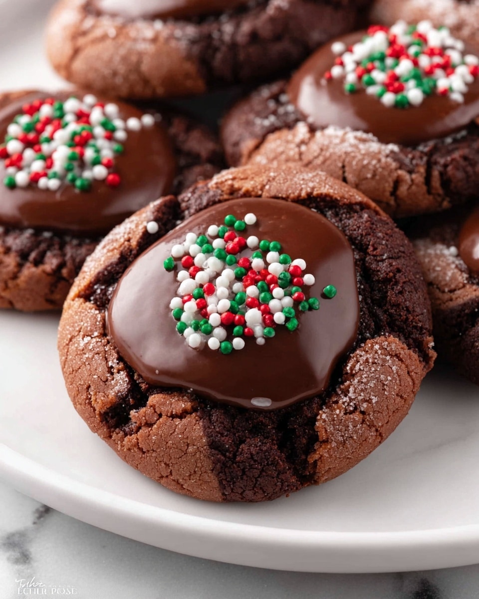 The image shows several chocolate cookies on a white plate with a white marbled texture underneath. Each cookie has two layers: a cracked, dark brown chocolate base and a smooth, shiny chocolate coating on top that covers a circular area in the center. On top of the chocolate coating, there are small round sprinkles in red, white, and green, scattered evenly. The cookies look soft and rich with a mix of rough and smooth textures. Photo taken with an iphone --ar 4:5 --v 7