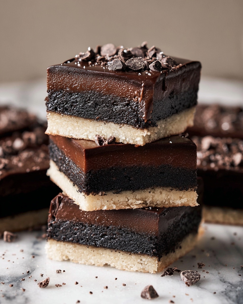 The image shows a stack of three square dessert bars with three clear layers. The bottom layer is a light beige, crumbly crust. Above that is a thick, dark chocolate brownie layer with a dense and moist texture. The top layer is a smooth and glossy dark chocolate ganache with small chocolate chunks sprinkled on top. The bars are set on a white marbled surface with scattered chocolate crumbs around. Photo taken with an iphone --ar 4:5 --v 7
