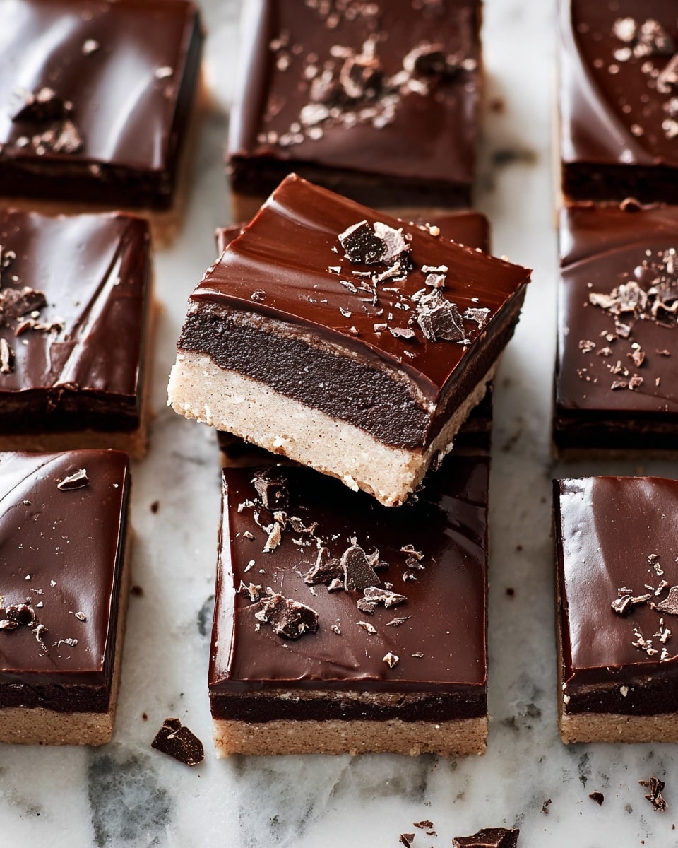 This image shows several square chocolate dessert bars placed close to each other on a white marbled surface. Each bar has three visible layers: a bottom light-colored crust layer, a thick middle dark chocolate layer with a dense texture, and a shiny dark chocolate glaze on top with a smooth, glossy look and slight swirls. Small chunks of chocolate are sprinkled on top of each bar. One bar is slightly lifted at an angle, showing the layers clearly from the side. photo taken with an iphone --ar 4:5 --v 7