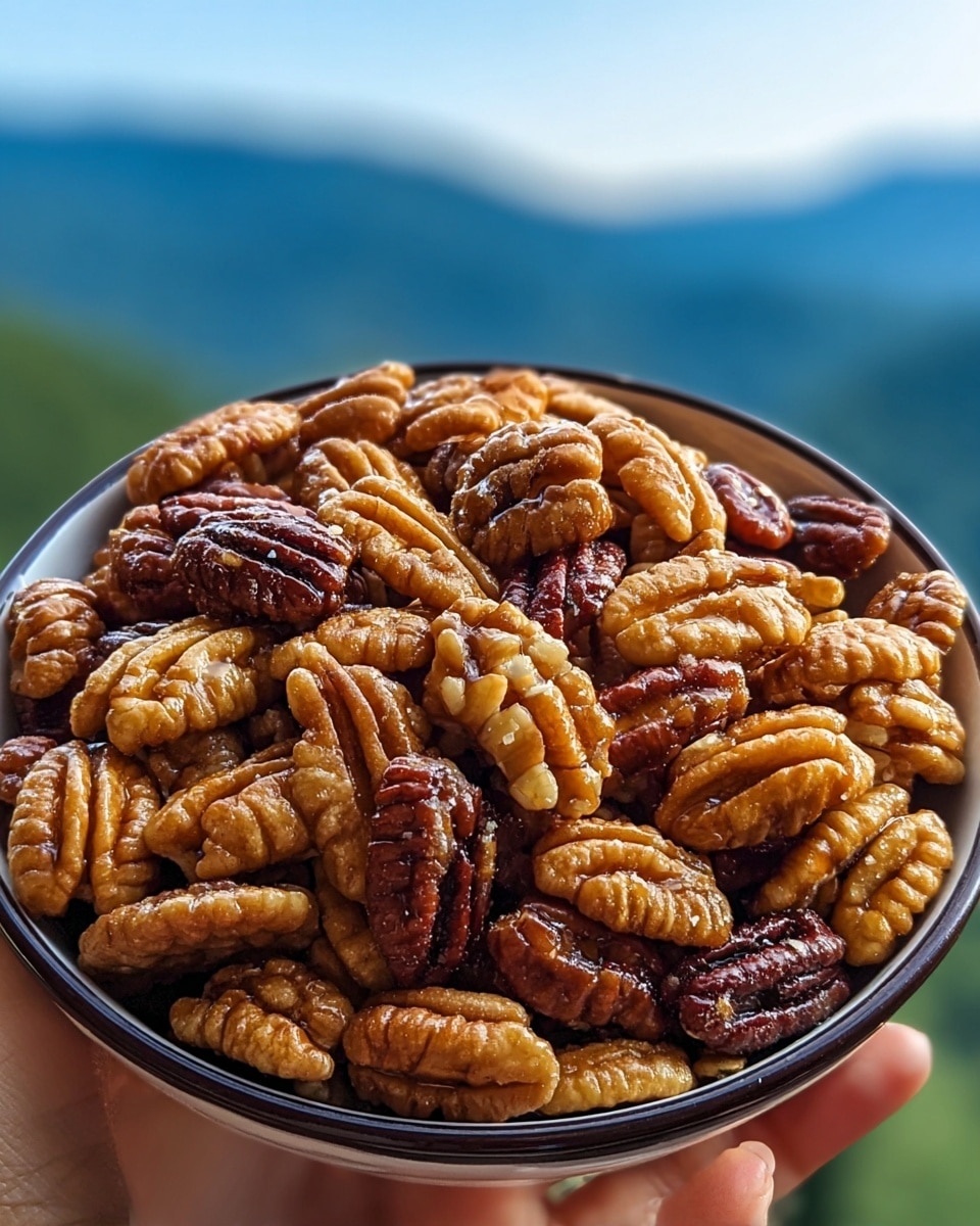 A close-up view of a bowl filled with a mix of golden brown and dark brown pecan nuts. The pecans have a shiny texture showing their ridged surfaces with a crunchy appearance. The nuts fill the bowl to the top, overlapping and stacked unevenly. The bowl is white with a dark rim, held at the bottom by a woman's hand. The background shows blurred green hills under a blue sky, creating a natural setting. The surface beneath the bowl is a white marbled texture. Photo taken with an iphone --ar 4:5 --v 7