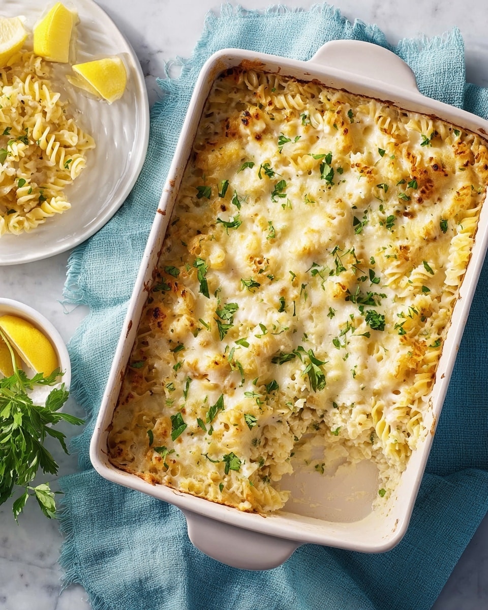 A rectangular white ceramic baking dish holds a creamy baked pasta casserole with about two layers. The base layer shows tightly packed spiral pasta coated in a pale yellow sauce. The top layer is melted light golden cheese with small bits of finely chopped green herbs sprinkled all over. Some fresh parsley leaves are scattered on top, adding a pop of green color. One corner of the casserole is scooped out, showing the inside layers. The dish sits on a soft blue cloth over a white marbled surface. Nearby, a small white bowl contains lemon wedges, and a white plate with extra baked pasta is in the background. Photo taken with an iphone --ar 4:5 --v 7