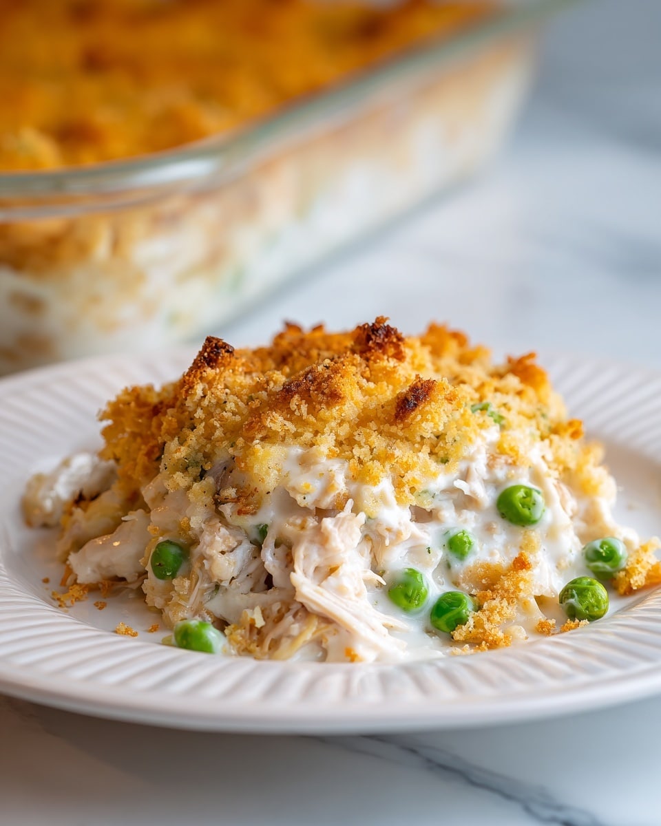 A close-up view of a serving of creamy chicken casserole on a white plate with a ridged edge, showing two main layers: the top layer is a golden brown crispy breadcrumb crust with small browned spots, and the bottom layer is a creamy mixture of shredded white chicken and green peas in a white sauce. Some crumbs and peas are scattered around the plate on a white marbled surface background, with a glass baking dish in the background containing the rest of the casserole. photo taken with an iphone --ar 4:5 --v 7