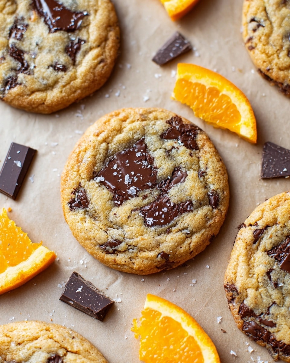 This image shows several round chocolate chip cookies with a golden-brown outer layer and melted dark chocolate chunks scattered throughout, adding a rich texture. The cookies are placed on a light brown parchment paper, with pieces of bright orange slices and small chunks of dark chocolate scattered around, adding a pop of color. The surface beneath has a white marbled texture that softly reflects light, making the cookies and orange pieces stand out. Photo taken with an iphone --ar 4:5 --v 7