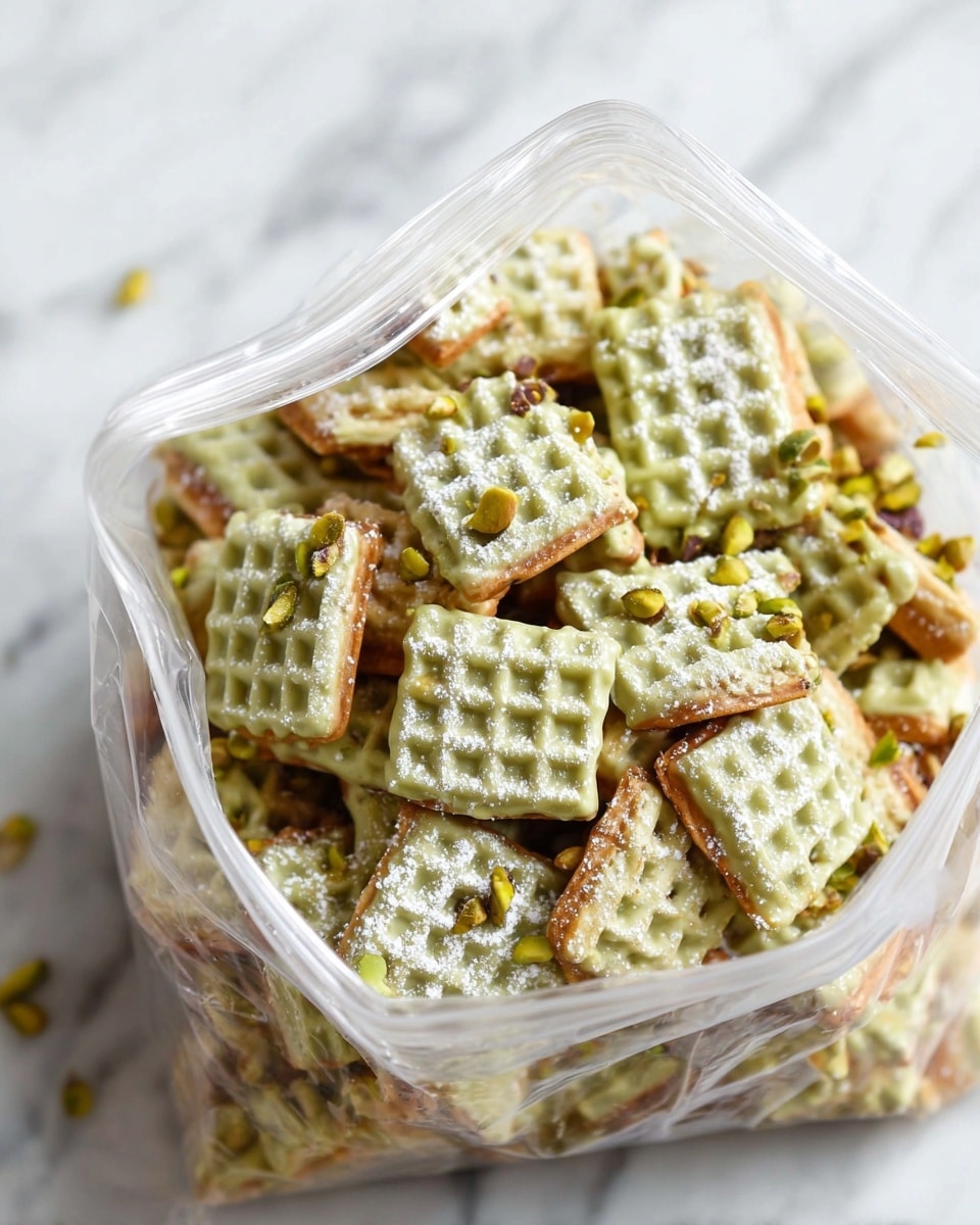 The image shows a clear plastic bag filled with square waffle-like snacks, some coated in a light green glaze and others dusted with white powdered sugar. Each square has a textured grid surface, and the glazed ones are sprinkled with small pieces of green pistachio nuts, adding a touch of color and texture. The bag is open at the top, and the treats are stacked and mixed inside, resting on a white marbled surface. photo taken with an iphone --ar 4:5 --v 7