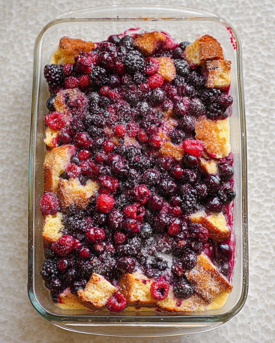 The image shows a dessert in a clear rectangular glass dish, featuring multiple layers. The bottom layer is golden-brown baked bread with a soft and slightly spongy texture. On top of this bread layer is a thick spread of dark purple to red mixed berries, including blackberries, raspberries, and blueberries. The berries are juicy and slightly squished, creating a blend of deep purple, red, and blue colors. The entire dish is lightly dusted with white powdered sugar, giving it a frosted look. The background is a white marbled texture. photo taken with an iphone --ar 4:5 --v 7