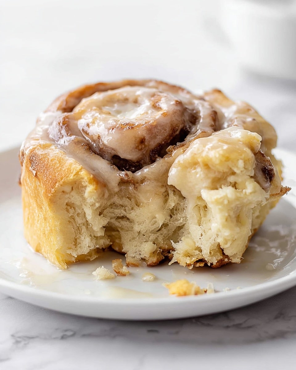 A white baking dish holds nine golden-brown cinnamon rolls arranged in a 3x3 grid, each roll showing soft spirals of dough with lightly browned edges and cinnamon filling visible in some swirls. A creamy white icing is being poured from above, starting to cover the top of a couple of rolls near the front, adding smooth shiny texture to the warm buns. The dish sits on a white marbled surface, and the scene is bright and clean with a focus on the rolls and the pouring icing. photo taken with an iphone --ar 4:5 --v 7
