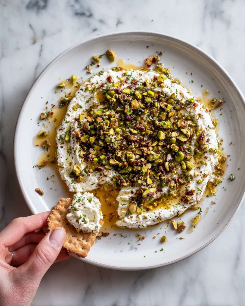 A white plate with a spread of creamy white cheese mixed with herbs forms the base layer, uneven and slightly textured around the edges. The top layer is a generous sprinkle of chopped green and brown pistachio nuts, with a shiny drizzle of golden honey adding a glossy effect. A cracker with specks of seasoning holds a thick dollop of the cheese and nut mix near the plate, held by a woman's hand. The plate is set on a white marbled surface. photo taken with an iphone --ar 4:5 --v 7