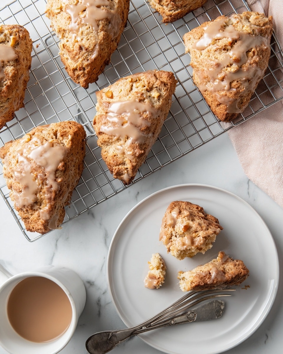 A cooling rack holds five large, golden-brown triangular scones, each with a rough, crumbly texture and small chunks inside, topped with a light brown icing that drips unevenly over the edges. On a white plate to the right, one scone is broken into two pieces showing a soft inside and is also glazed with the same brown icing. A silver fork rests next to the broken scone piece on the plate. The whole scene is set on a white marbled surface, with part of a light pink cloth visible in the top right corner. Photo taken with an iphone --ar 4:5 --v 7