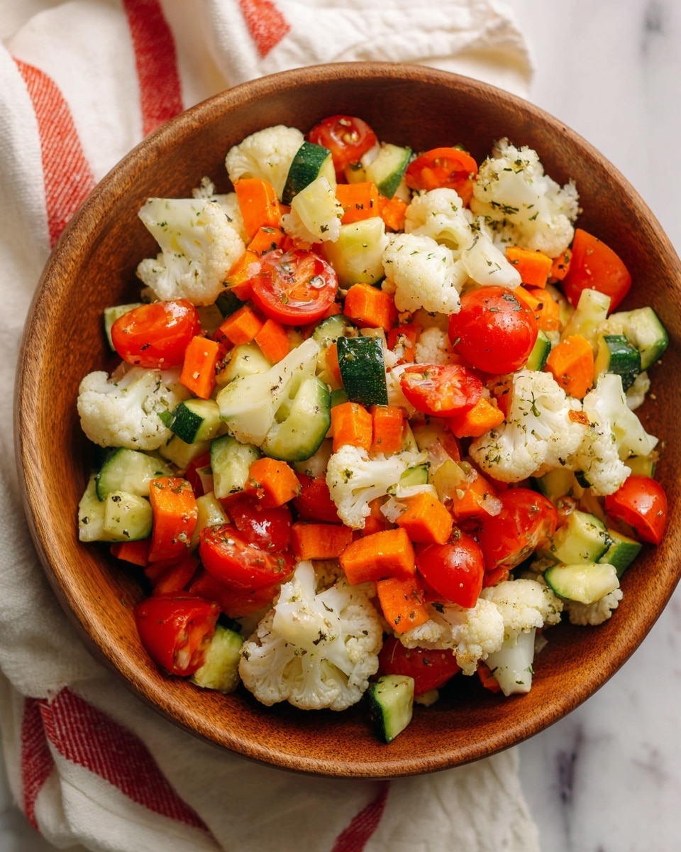 A wooden bowl filled with a fresh vegetable salad sits on a white marbled surface covered by a white cloth with red stripes. The salad has a mix of roughly chopped cauliflower florets that are white with a slightly bumpy texture, bright orange carrot cubes, halved red cherry tomatoes with glossy skins, and smaller pieces of green zucchini with light green flesh and dark green skin. The vegetables are tossed together showing a colorful, vibrant mix with a light herb seasoning visible on the cauliflower. Photo taken with an iphone --ar 4:5 --v 7