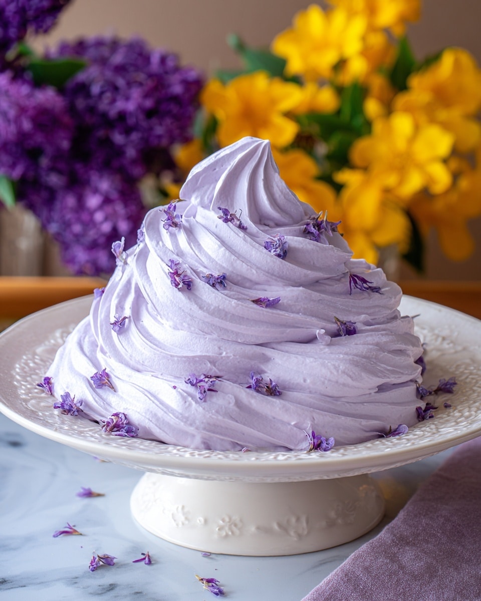 A large mound of soft, light purple whipped cream sits on a white plate stand with delicate patterns around the edge. The whipped cream is swirled in thick, smooth layers rising to a peak in the center. Tiny purple flower petals are gently scattered on top and around the mound, adding a natural touch. Behind the plate, vibrant purple and yellow flowers blur softly, placed against a white marbled texture surface. photo taken with an iphone --ar 4:5 --v 7