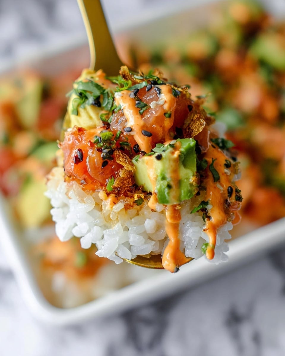 A close-up view of a spoon holding a layered dish starting with a bottom layer of white sticky rice, topped with chunks of grilled orange salmon, small pieces of light green avocado with black sesame seeds, crispy golden-brown fried bits, and a drizzle of creamy orange sauce, all garnished with chopped green herbs. The spoon is gold, and the background shows a white dish with more of the same food blurred out on a white marbled surface. Photo taken with an iphone --ar 4:5 --v 7