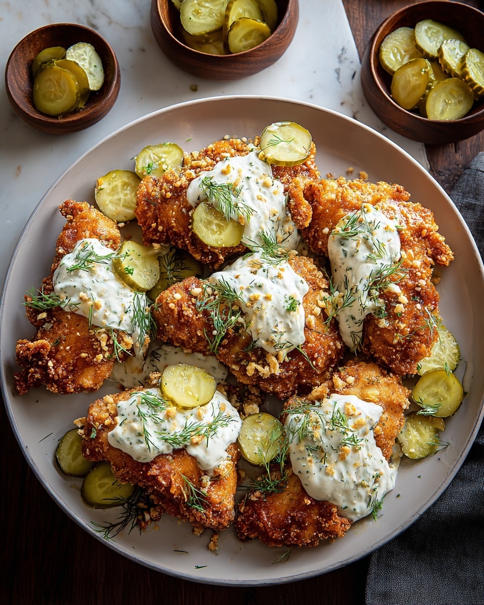 The dish features several pieces of golden-brown crispy fried chicken arranged on a large white plate. Each piece is topped with white creamy sauce with visible green herb specks, adding a fresh look. There are slices of light green pickles scattered on and around the chicken, adding contrast to the rich golden color. Small green dill sprigs are sprinkled over the top, adding a touch of color and freshness. The plate rests on a white marbled surface, with two wooden bowls nearby containing more pickle slices. The scene is softly lit, highlighting the textures of the crunchy chicken and creamy sauce. Photo taken with an iphone --ar 4:5 --v 7