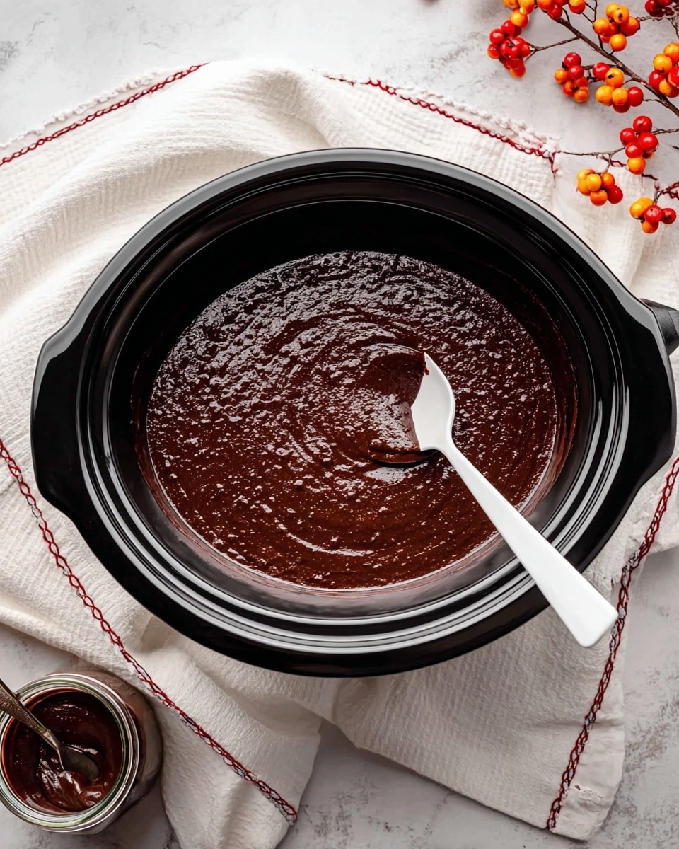 A large black slow cooker bowl filled with a thick, dark brown chocolate batter that has a smooth yet slightly bumpy texture. A white spoon is partially submerged in the batter, showing some of the thick mixture clinging to it. The slow cooker rests on a white marbled texture surface with a white cloth beside it that has red stitching along the edge, and there are colorful small orange and red berry-like decorations next to the cloth. A jar of chocolate spread sits nearby on the bottom left. photo taken with an iphone --ar 4:5 --v 7