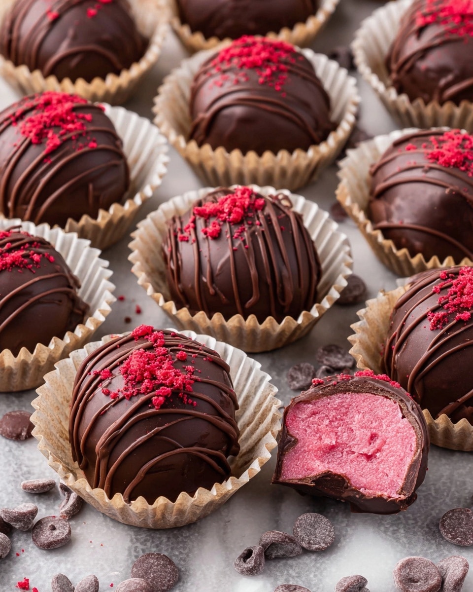 Several dark chocolate truffles are placed in individual light brown and white paper cups, set on a white marbled surface scattered with chocolate chips. Each truffle is round, covered with a smooth dark chocolate layer, and decorated with thin lines of darker chocolate drizzle. Red powder is sprinkled gently on top of many truffles, adding a vibrant contrast. Two of the truffles are cut in half, showing a bright pink, creamy inner layer beneath the chocolate shell. The overall scene is colorful and textured, emphasizing the rich chocolate coating and the soft filling inside. photo taken with an iphone --ar 4:5 --v 7