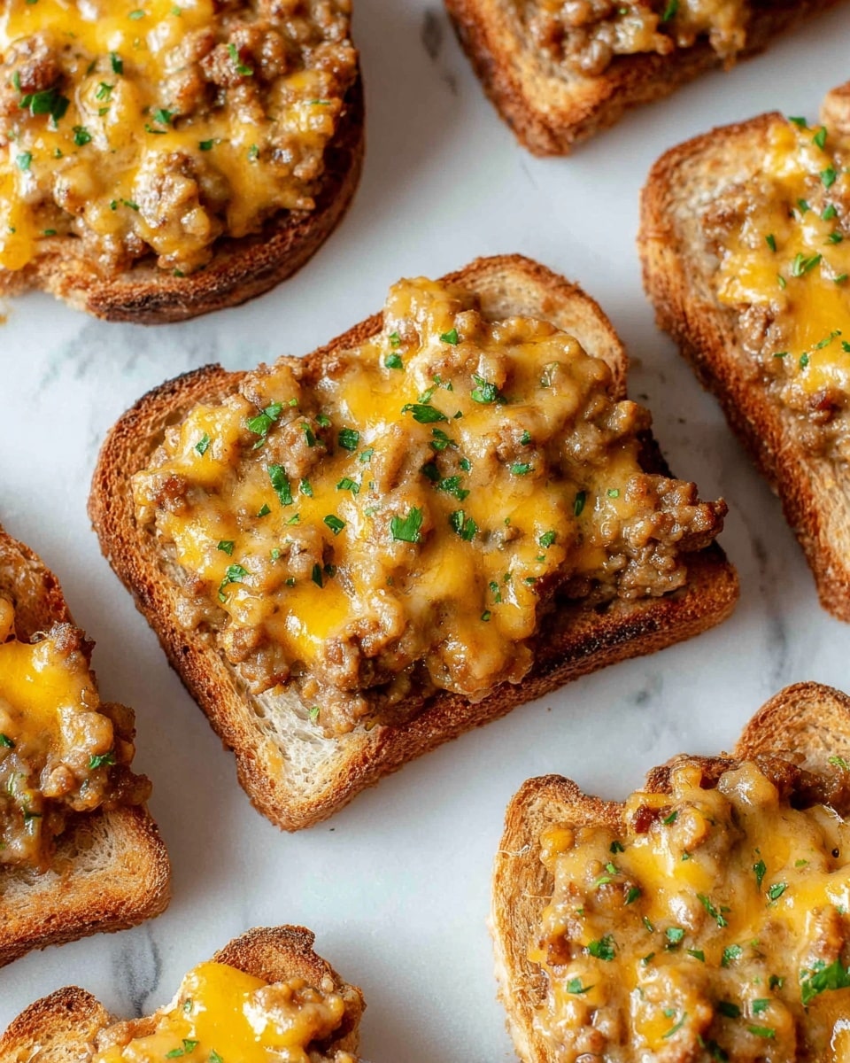 The image shows several pieces of toasted bread topped with a thick layer of cooked ground sausage mixed with melted cheddar cheese. Each slice has one main layer with a rough texture made from the chunky sausage and gooey, golden-yellow cheese that is browned in spots. Small bits of green herbs are sprinkled on top, adding a slight contrast to the warm colors. The toast slices are arranged on a white marbled surface, creating a clean background that highlights the food. Photo taken with an iphone --ar 4:5 --v 7