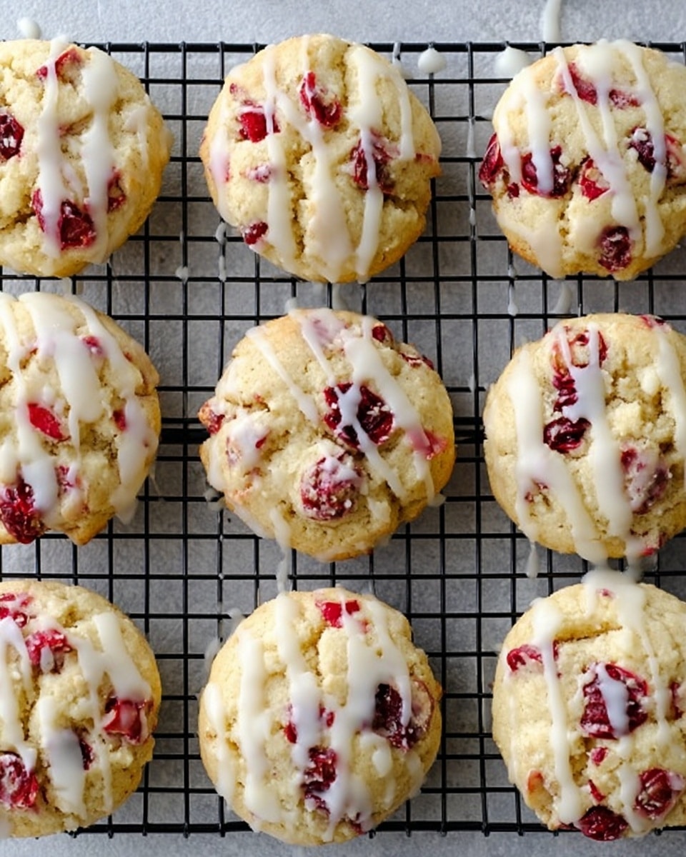 The image shows a close-up top view of a cooling rack filled with several round cookies. Each cookie has a pale golden color with visible chunks of red berries embedded throughout. The cookies are generously drizzled with a shiny white glaze, adding a smooth texture on top. The cooling rack sits on a white marbled textured surface, creating a clean and bright background. photo taken with an iphone --ar 4:5 --v 7
