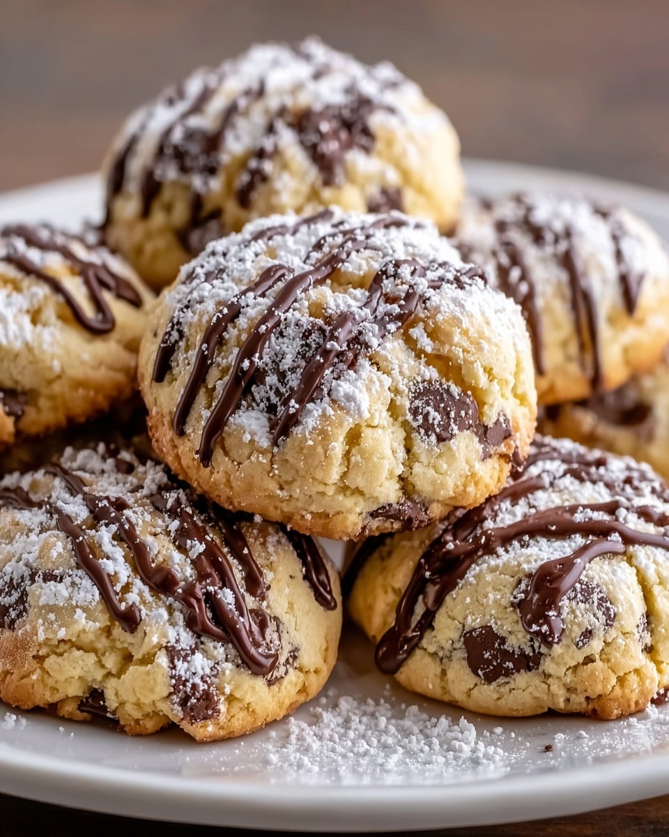 The image shows a close-up of several soft, round chocolate chip cookies piled on a white plate. Each cookie is golden-brown with visible small chocolate chips embedded in the dough. They have a light dusting of white powdered sugar on top, and thick dark chocolate drizzle is streaked across the upper surfaces, adding contrast. The cookies look soft and slightly crumbly with a textured surface. The white powdered sugar is also sprinkled on the white marbled surface around the plate. photo taken with an iphone --ar 4:5 --v 7
