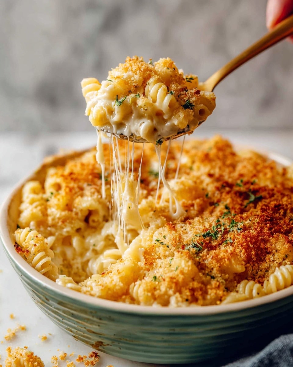 A close-up of creamy baked macaroni and cheese in a white bowl with a green outer surface, showing three distinct layers: at the bottom, soft spiral pasta coated in thick, smooth cheese sauce, in the middle, gooey melted cheese strings stretching upward, and on top, a golden-brown crunchy breadcrumb crust sprinkled lightly with small green herb bits. A woman's hand holds a golden spoon lifting a cheesy portion from the bowl, with some crumbs falling on the white marbled surface below. Photo taken with an iphone --ar 4:5 --v 7