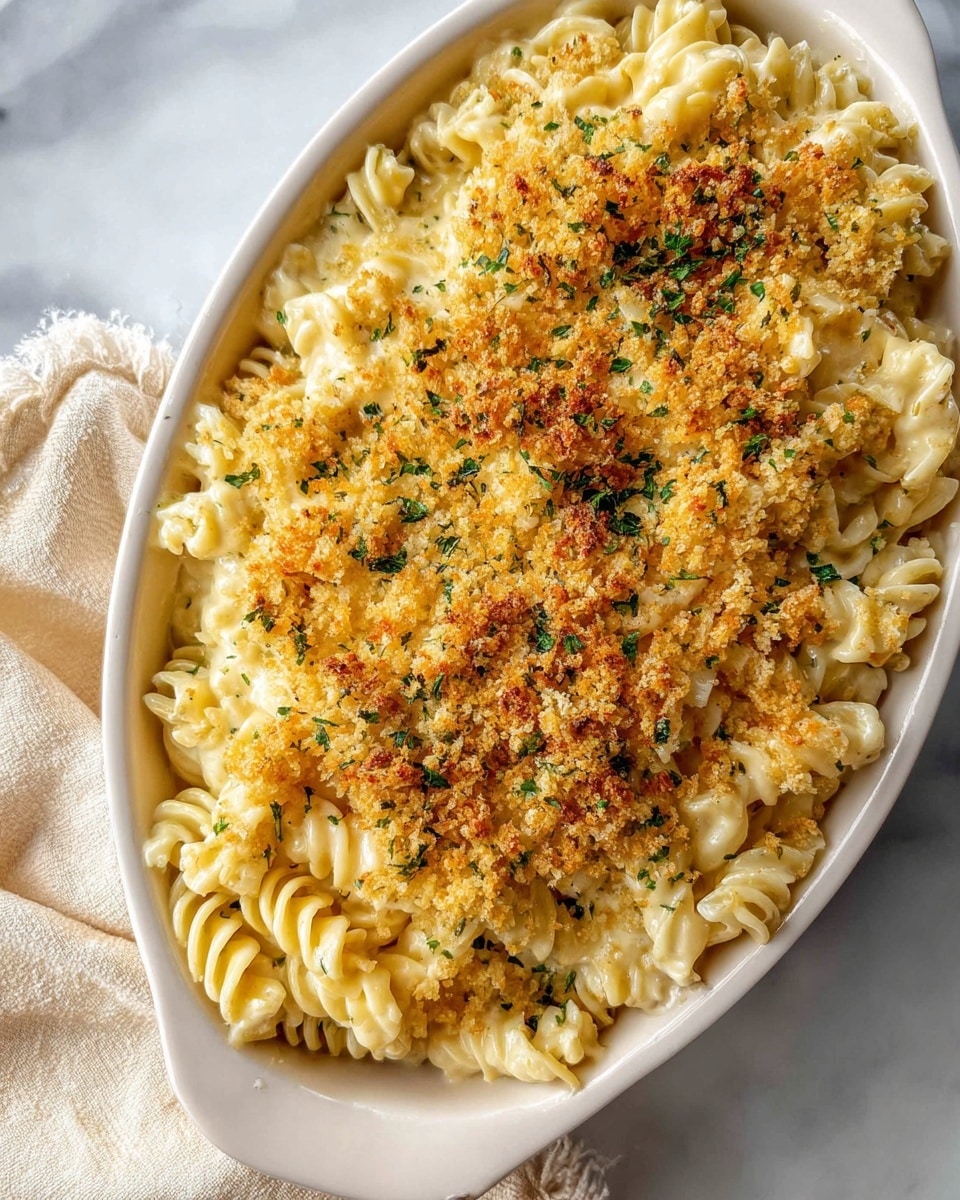 A white oval dish filled with three layers of spiral pasta coated in creamy, light yellow cheese sauce, topped with a thick layer of golden brown, crispy breadcrumbs scattered with small green herb flakes. The pasta appears soft and well-mixed with the sauce, and the breadcrumbs add a crunchy texture with some darker toasted spots. The dish is set on a white marbled surface with a cream-colored cloth partially visible on the side. Photo taken with an iphone --ar 4:5 --v 7