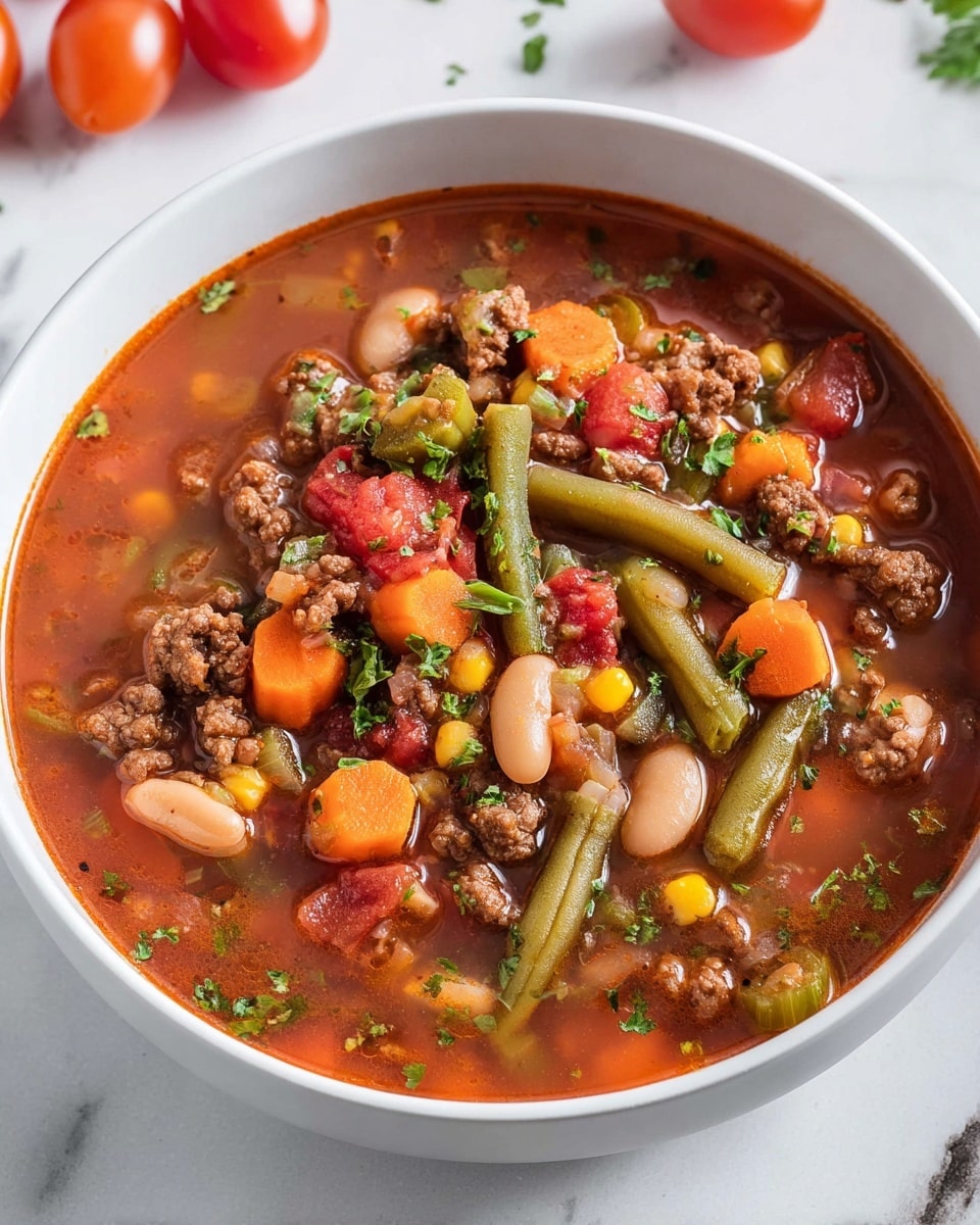 A white bowl filled with a colorful vegetable and beef soup sits on a white marbled surface, with scattered cherry tomatoes in the background. The soup has a thick red broth base, mixed with layers of bright orange carrot chunks, green beans, beige pinto beans, and small yellow corn kernels. There are small pieces of ground beef and diced red tomatoes scattered throughout, topped with fresh chopped green herbs. The textures range from soft beans and meat to the slightly firm vegetables, all visible in the broth. photo taken with an iphone --ar 4:5 --v 7