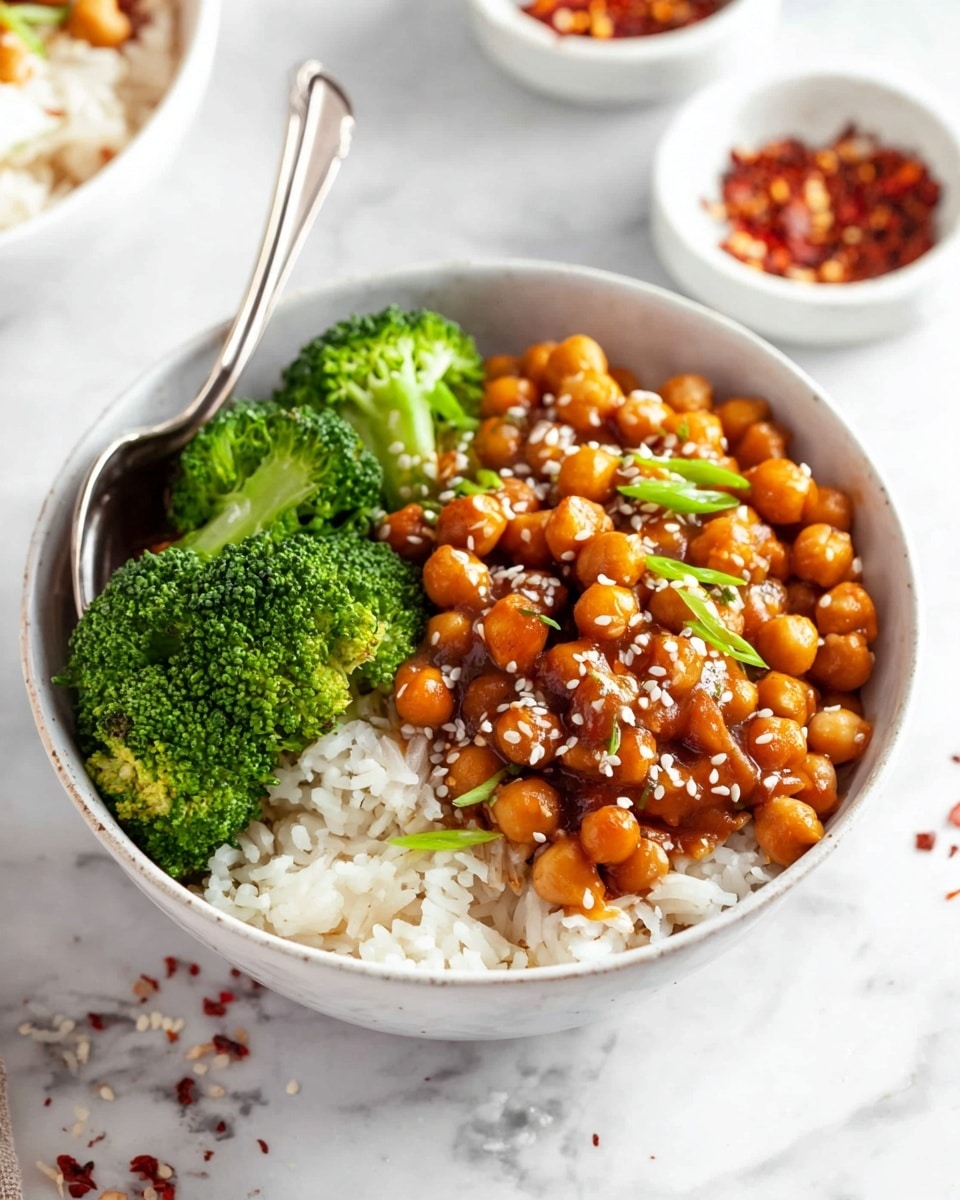 A white bowl with three layers is shown: the bottom layer is soft white rice, the middle layer is bright green broccoli florets placed on one side, and the top layer consists of glossy, cooked chickpeas covered in a shiny brown sauce, sprinkled with white sesame seeds and small pieces of green onion. A silver spoon rests inside the bowl on the left side. The bowl is sitting on a white marbled surface with some scattered red chili flakes around. In the background, there are small white bowls with red chili flakes slightly blurred. photo taken with an iphone --ar 4:5 --v 7