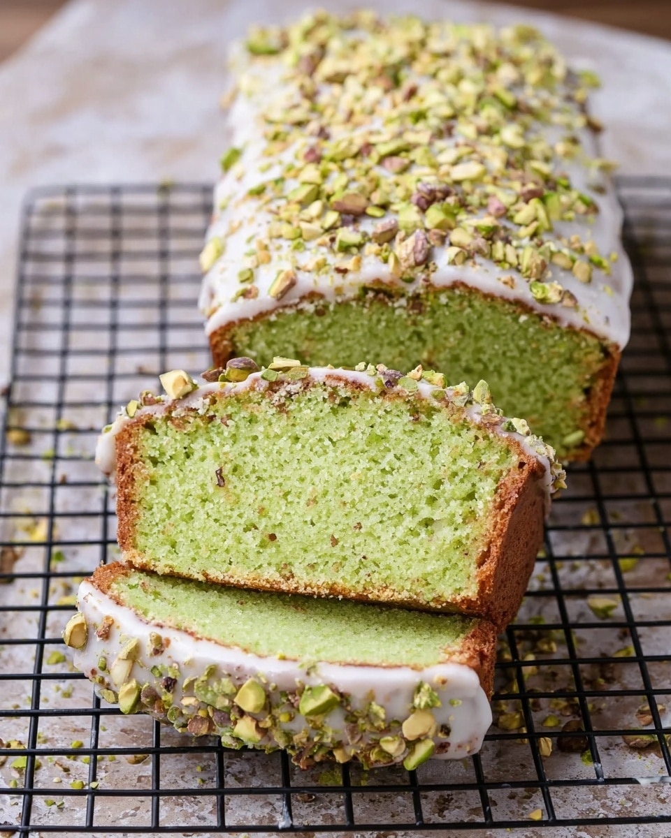 A loaf cake with two slices cut in front shows a bright green inside, soft and moist in texture. The cake is covered in a thick white icing layer that coats the top and sides evenly, sprinkled heavily with crushed pistachio nuts in light green and beige hues. The cake's outer edges have a light golden brown color, contrasting with the green and white layers. The cake rests on a black wire rack placed over a white marbled texture. Photo taken with an iphone --ar 4:5 --v 7