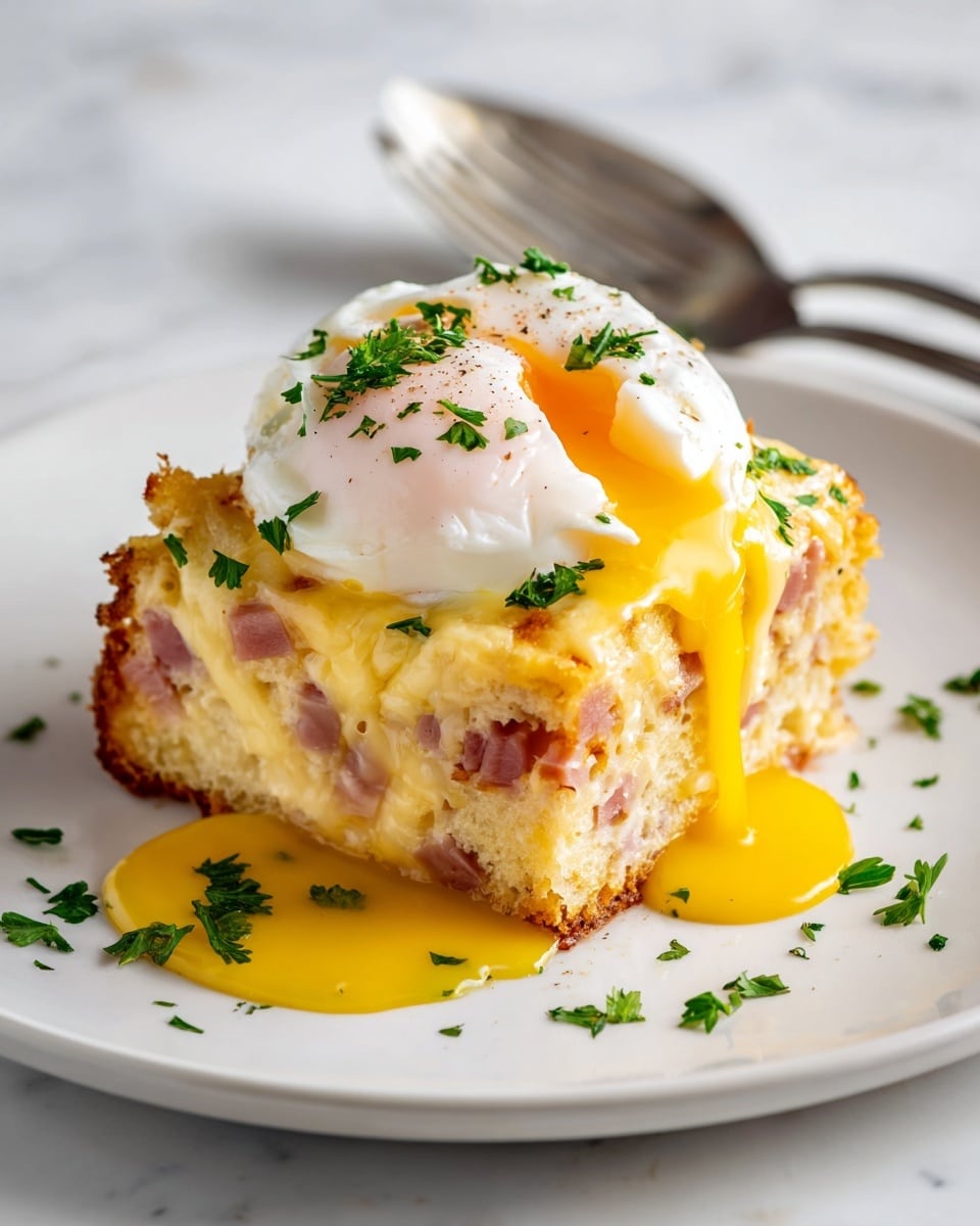 The dish shows a square piece of baked egg casserole with visible layers: the bottom layer is light golden bread or crust, the middle layer has pink ham pieces mixed with creamy yellow cheese, and the top layer is a smooth, rich yellow sauce with melted cheese. On top sits a perfectly cooked poached egg with a shiny white surface and runny yellow yolk spilling down the sides. Small green parsley leaves are scattered on the egg, sauce, and around the plate for decoration. The white plate rests on a white marbled surface, with a silver fork in the background. photo taken with an iphone --ar 4:5 --v 7