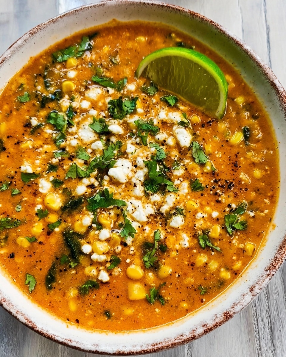 A white, rustic-edged bowl filled with a thick, warm orange soup that has visible yellow corn kernels and small bits of greens mixed throughout. The soup is topped with scattered white crumbled cheese pieces and fresh, roughly chopped green cilantro leaves. A fresh lime wedge with a bright green flesh and thick rind sits on the bowl's edge. The bowl rests on a white marbled texture surface. photo taken with an iphone --ar 4:5 --v 7