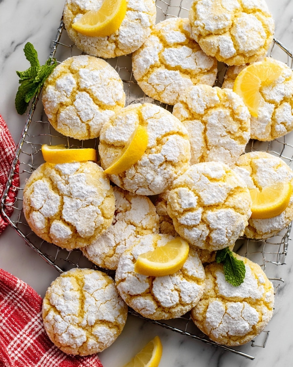 Several round lemon cookies are arranged closely on a silver cooling rack placed on a white marbled surface. Each cookie has a cracked top with uneven patches of white powdered sugar creating a textured pattern against the soft yellow color of the cookie. Bright yellow lemon wedge slices are tucked between some cookies, adding a fresh, bright accent. A sprig of green mint leaves is placed near the corner, and a red and white checkered cloth partially appears at the lower left side. The lighting highlights the soft, slightly crumbly texture of the cookies. photo taken with an iphone --ar 4:5 --v 7