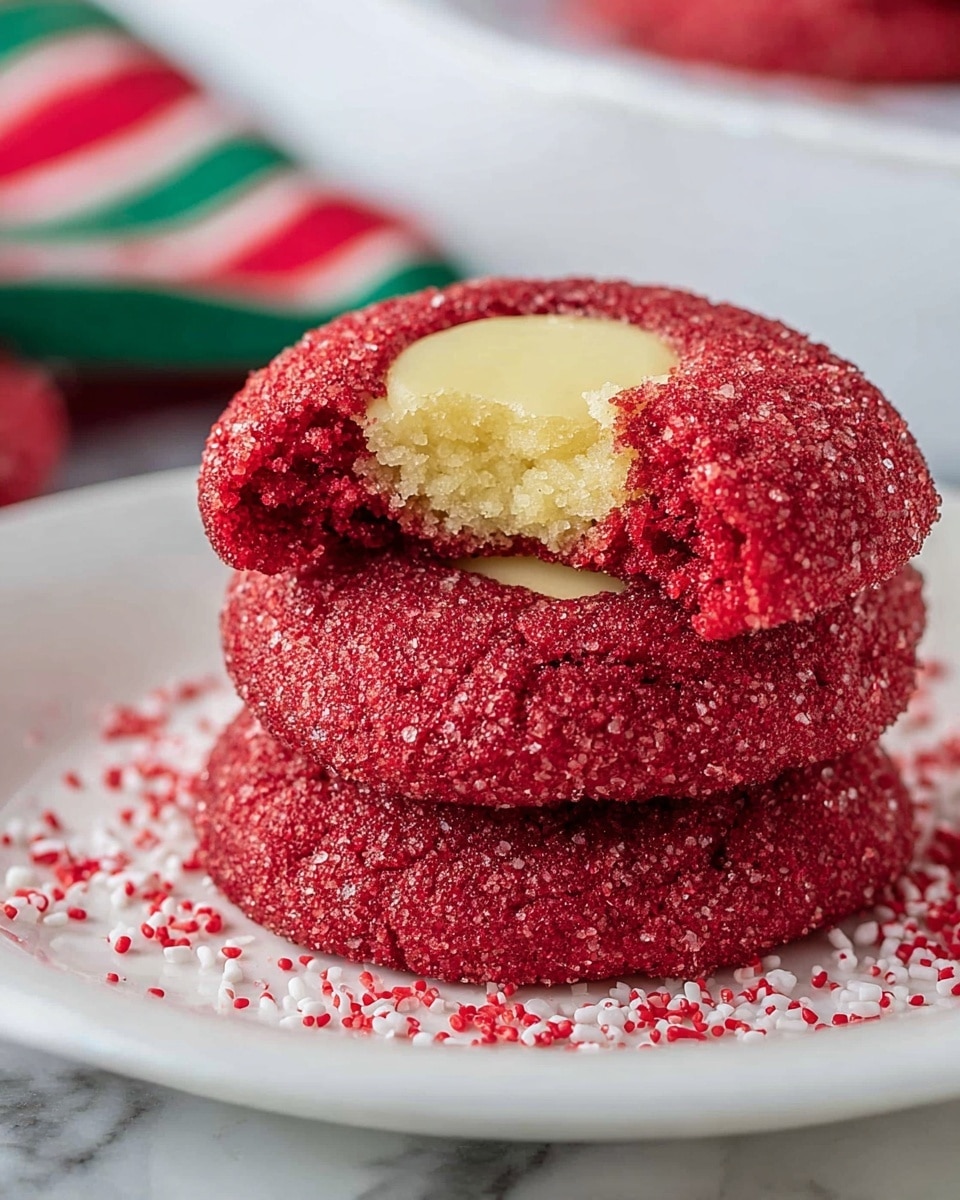 A stack of three round cookies sits on a white plate with red sugar sprinkles scattered around. The cookies have a deep red color with a coarse sugar texture on the outside. Each cookie has a smooth, pale yellow center. The top cookie has a bite taken out of it, revealing a soft and moist inside that contrasts with the crumbly red exterior. The white plate rests on a surface with a white marbled texture, and a cloth with red and green stripes is blurred in the background. Photo taken with an iphone --ar 4:5 --v 7