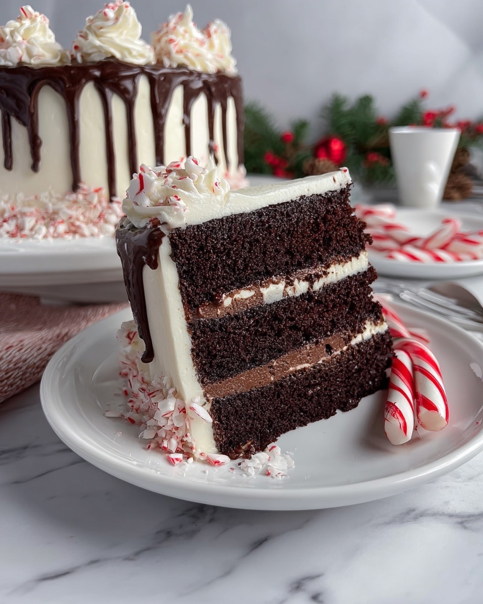 The image shows a slice of three-layer chocolate cake on a white plate, with each layer of dark chocolate sponge separated by thick, smooth, dark chocolate filling. The cake slice is topped with a thin layer of white frosting, and there are red and white peppermint candies and small candy canes placed decoratively on the plate beside it. In the background, the larger remaining cake is visible with white frosting covering the outside, chocolate dripping down the sides, and more peppermint candies arranged on top. The whole setting is on a white marbled surface with some holiday decorations slightly blurred in the background. Photo taken with an iphone --ar 4:5 --v 7